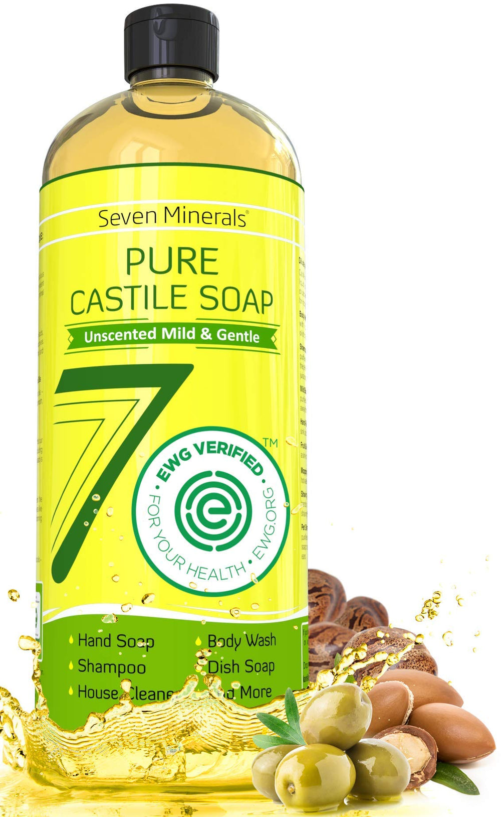 Seven Minerals Castile Soap bottle with unscented formula for sensitive skin.
