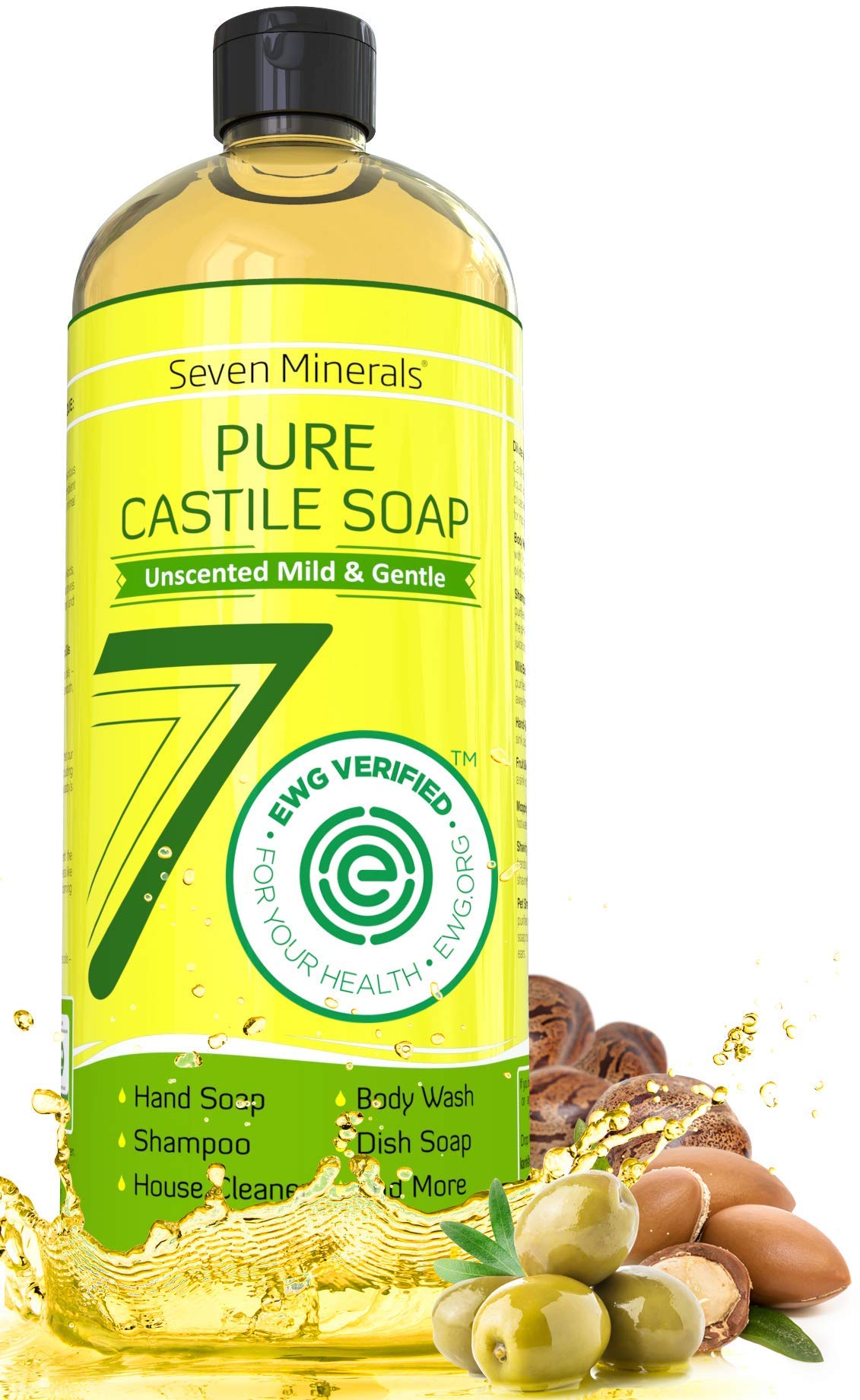 Seven Minerals Castile Soap bottle with unscented formula for sensitive skin.
