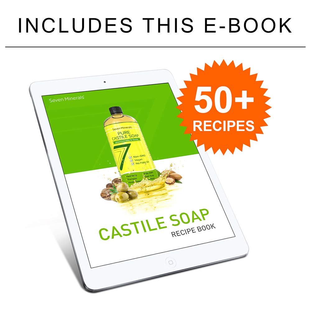 Seven Minerals castile soap multi-use setup shows wash, dish, and cleaning versatility.