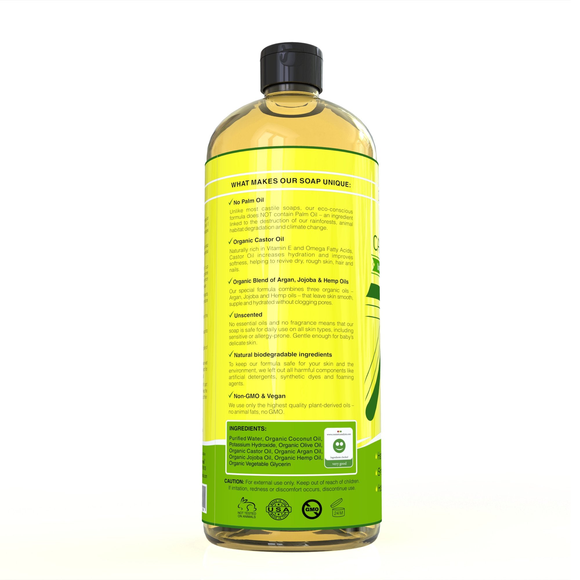 Pouring Seven Minerals Castile Soap yields rich foaming for versatile cleaning.