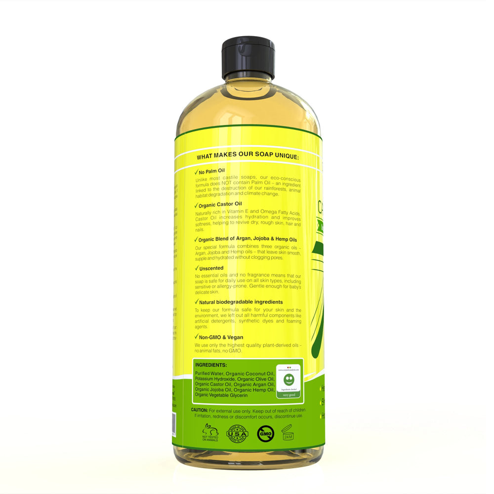 Pouring Seven Minerals Castile Soap yields rich foaming for versatile cleaning.