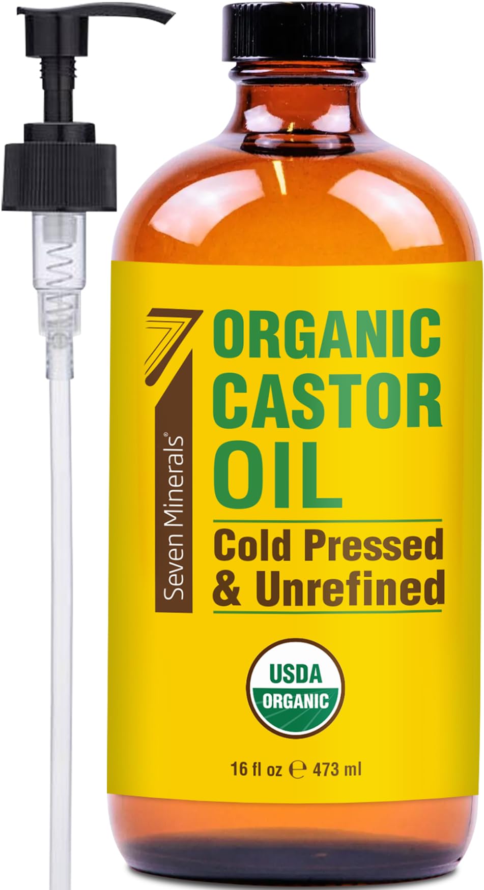 Seven Minerals castor oil amber bottle close-up showing UV protection for purity
