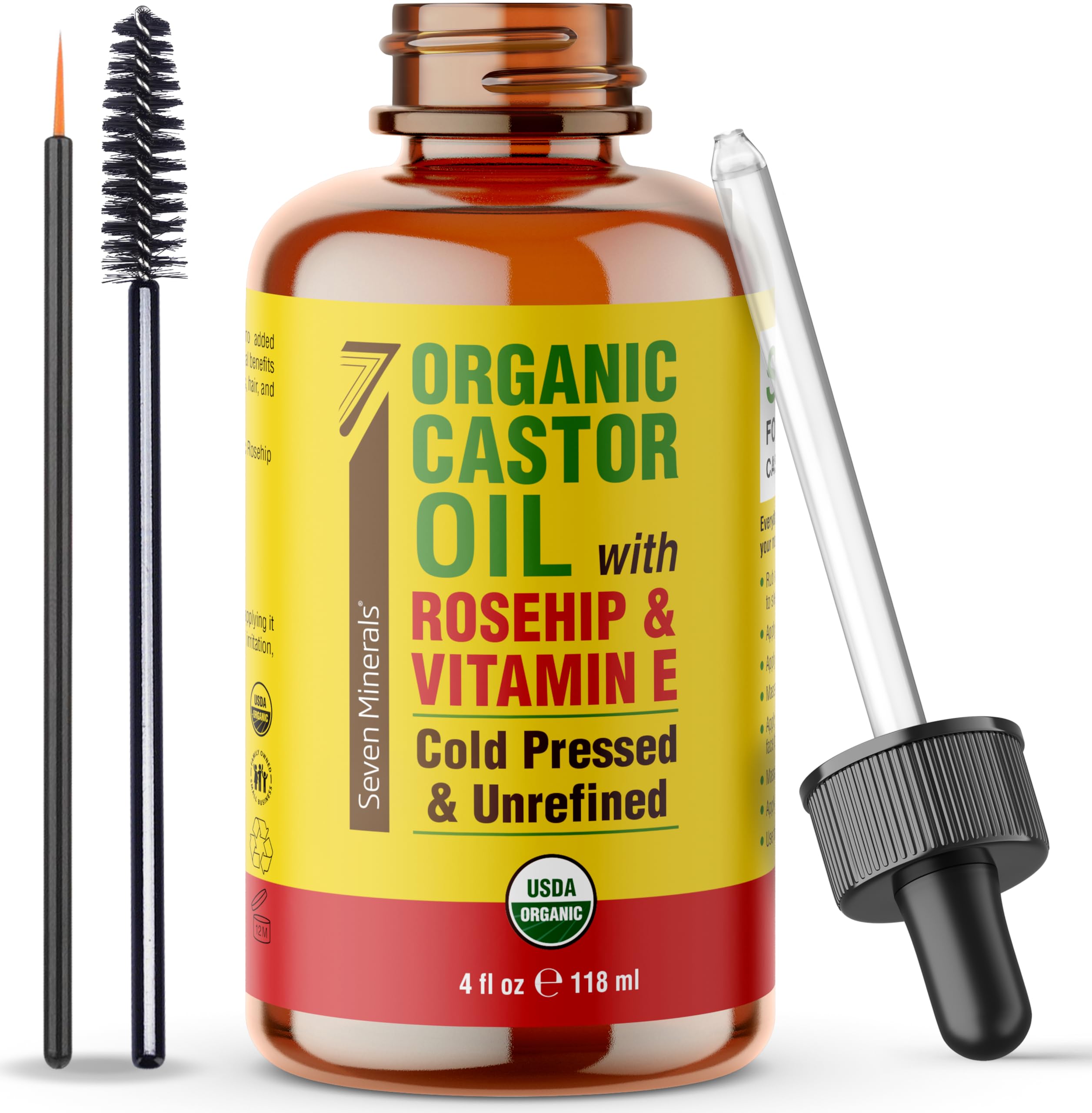 Seven Minerals castor oil bottle closeup for fuller-looking lashes and brows.