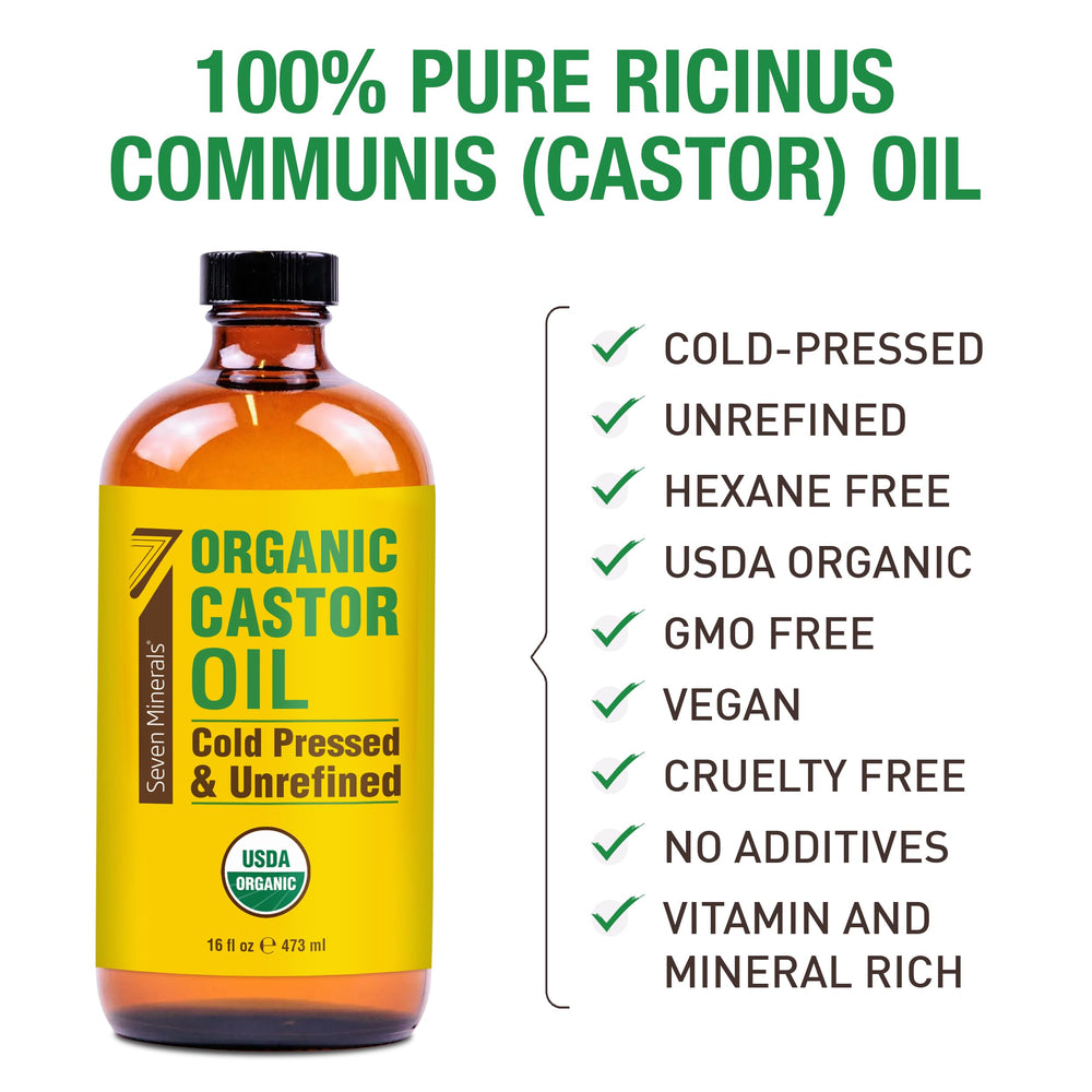 Seven Minerals castor oil bottle with cold-pressed, unrefined formula for natural nourishment