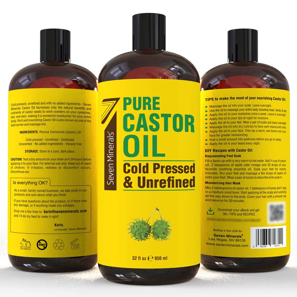 Seven Minerals Castor Oil moisturizes dry skin with a light, natural feel.