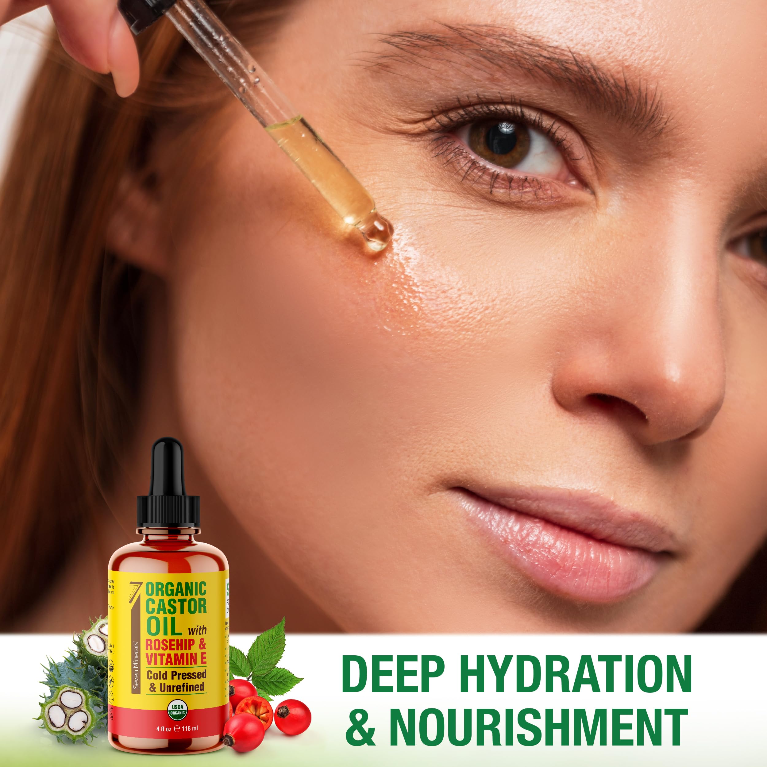Seven Minerals castor oil promoting hair growth and added shine.