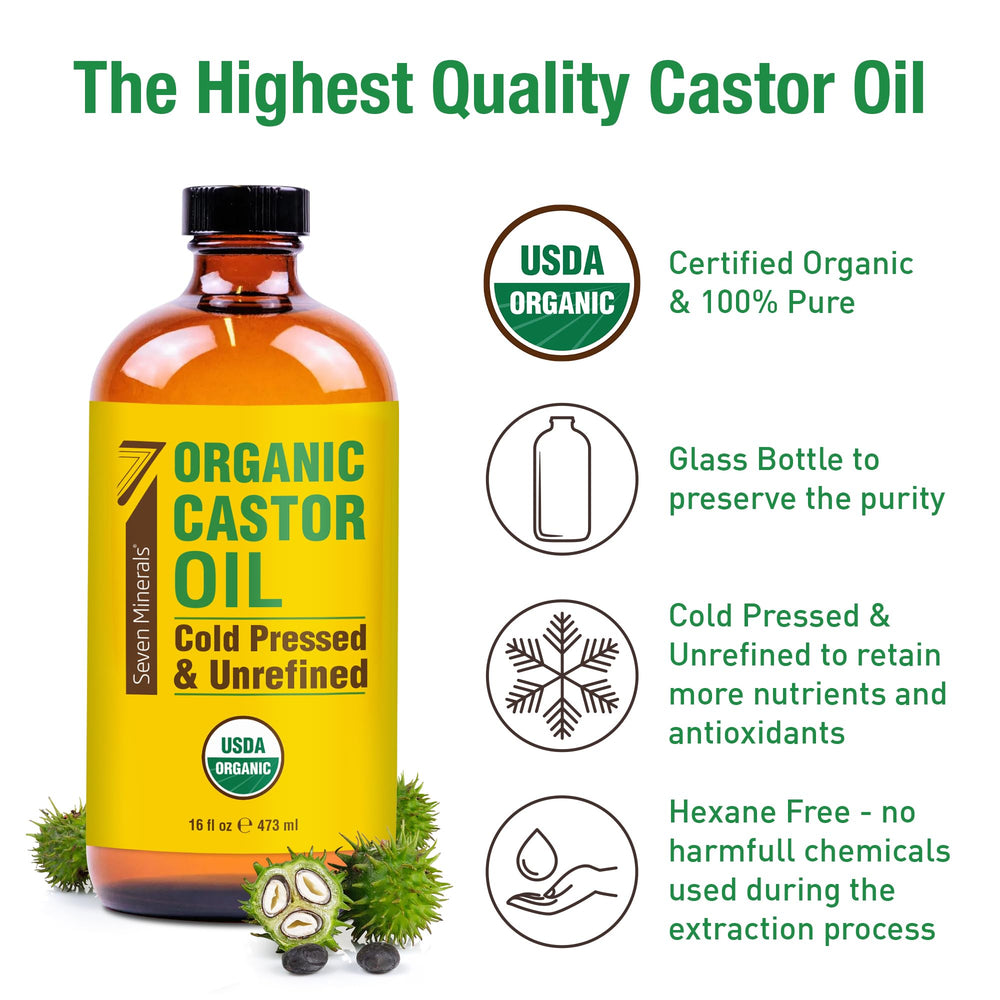 Seven Minerals castor oil bottle highlighting hexane-free processing for safe wellness