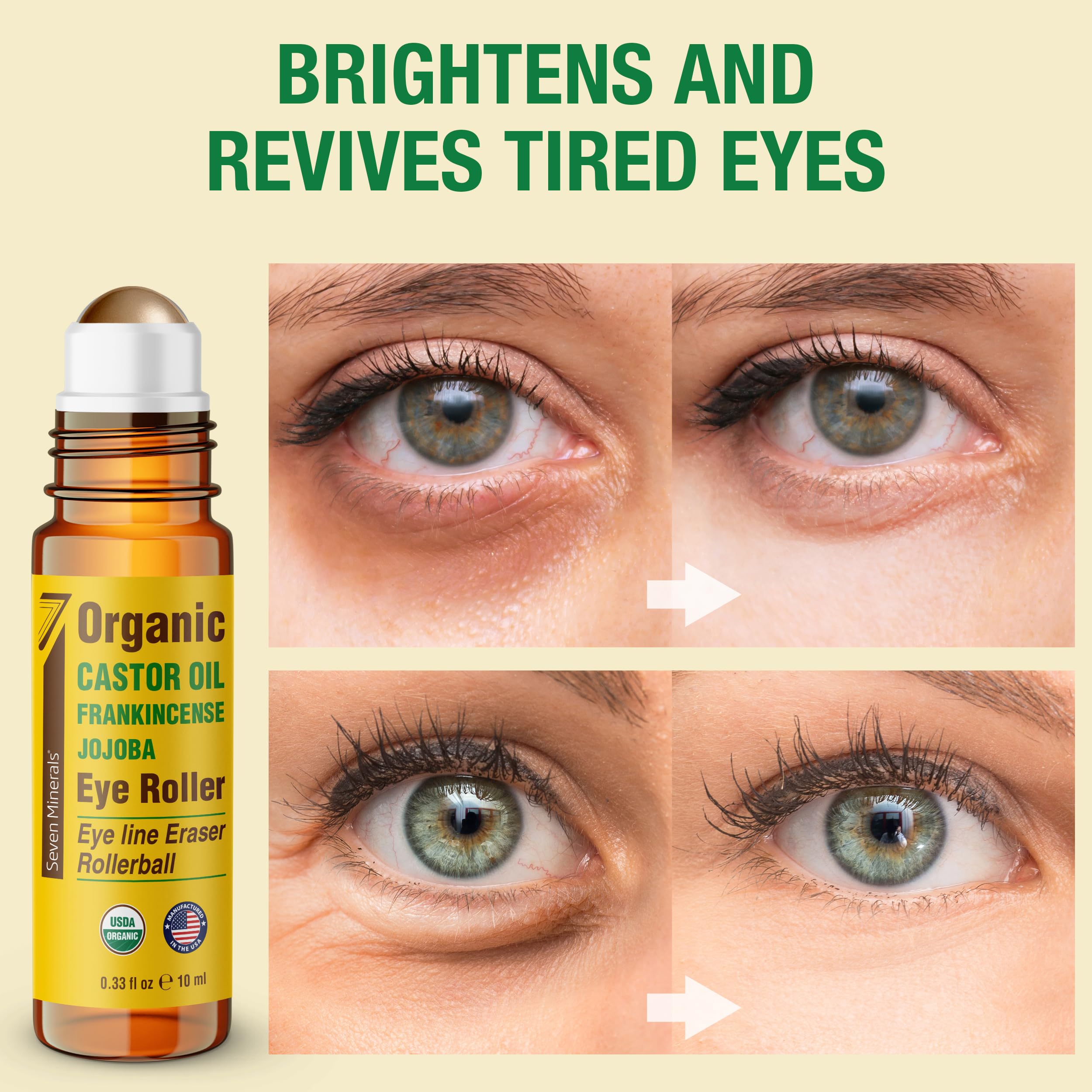 Seven Minerals Castor Oil Roll On Eye Roller applying on skin for targeted under-eye care.