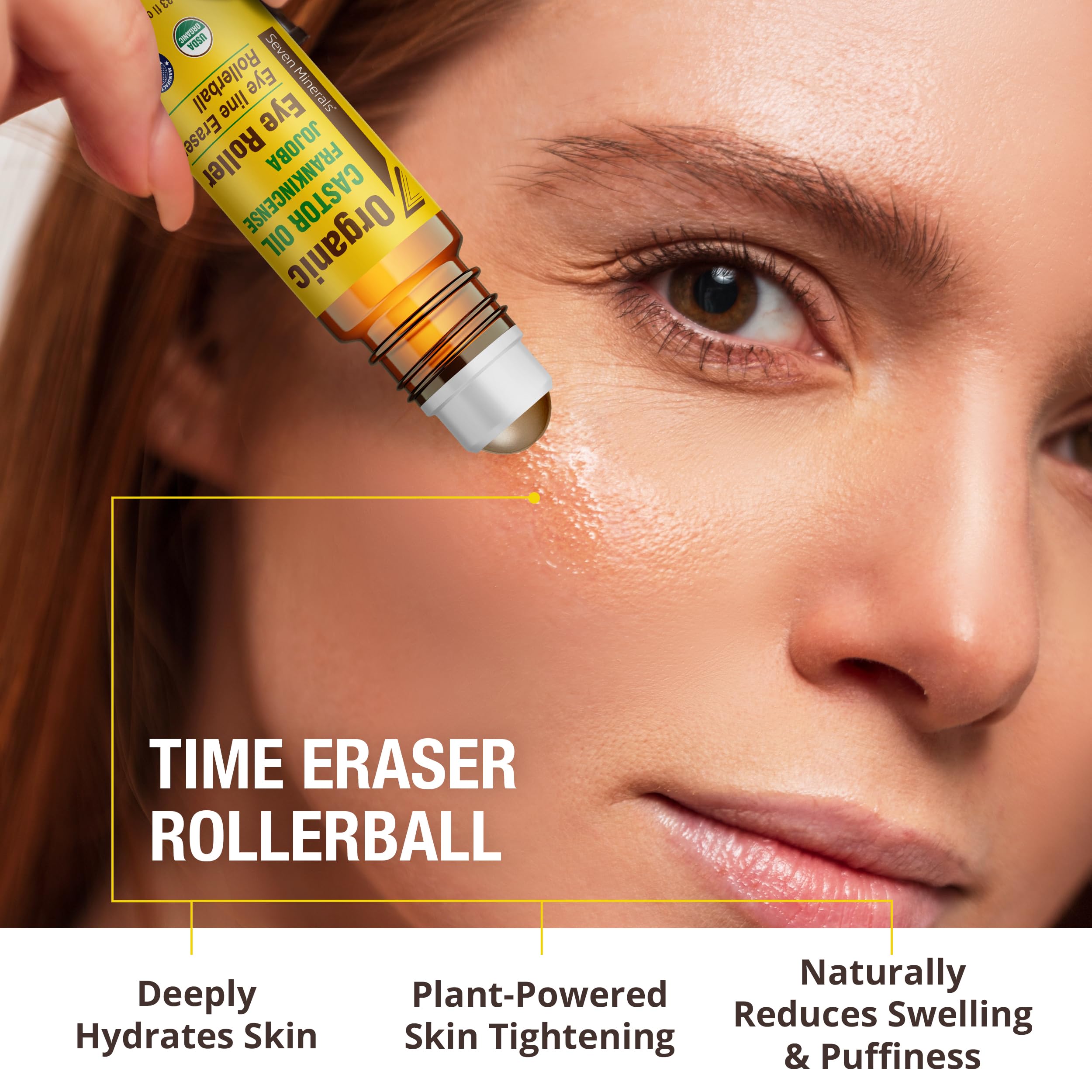 Seven Minerals Castor Oil Roll On packaging features an easy-to-use roll-on design for mess-free application.