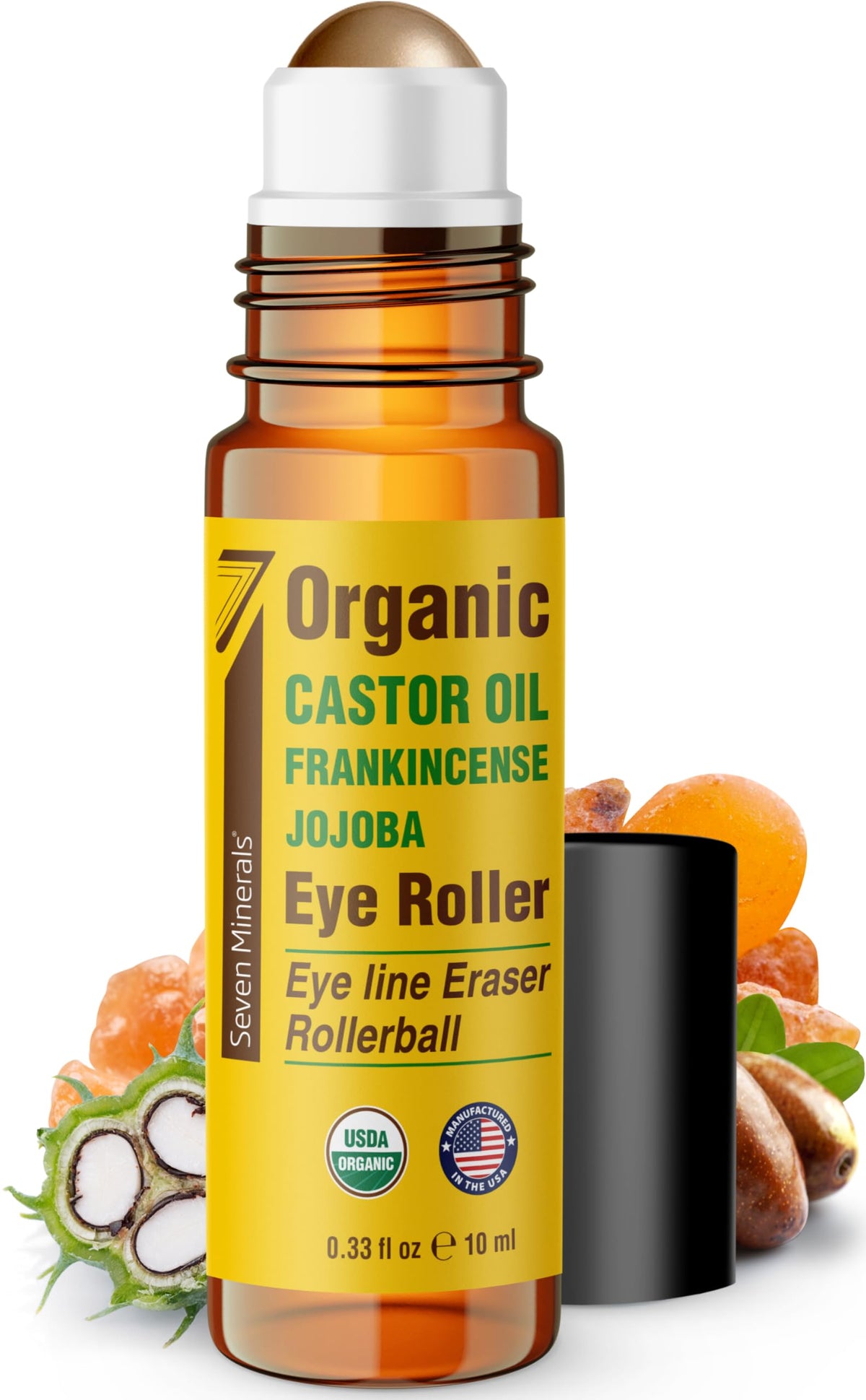 Seven Minerals Castor Oil Roll On Eye Roller packshot shows travel-ready skincare.