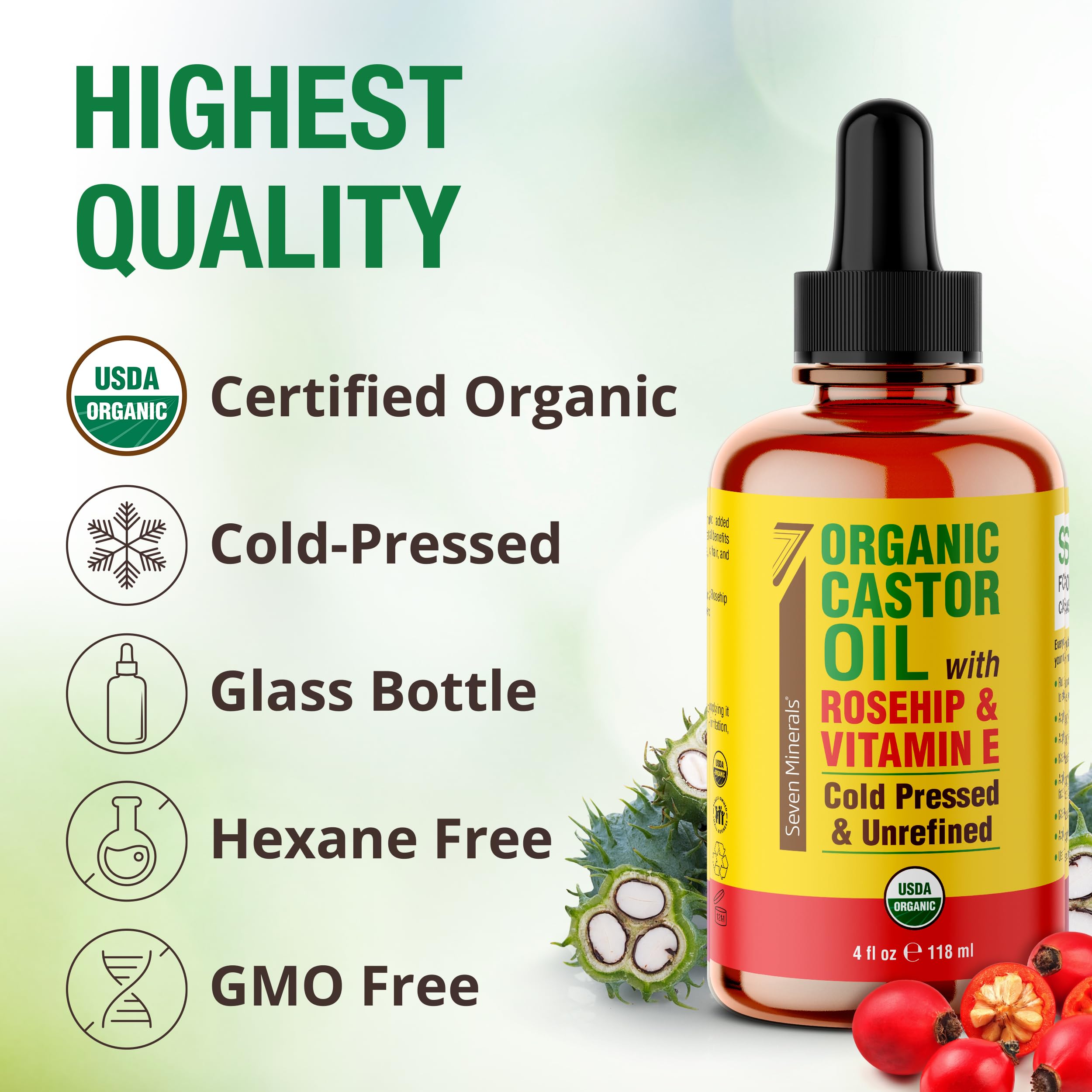 Seven Minerals castor oil with rosehip and vitamin E for radiant skin.