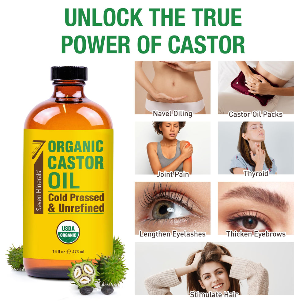 Seven Minerals castor oil bottle with USDA Organic certification for clean skincare
