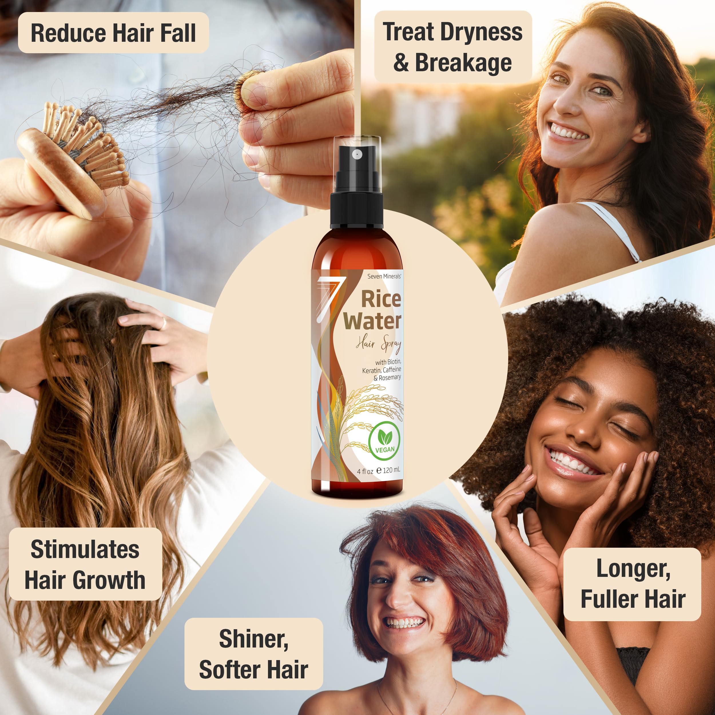 Seven Minerals bottle shows caffeine/biotin/keratin blend for stronger, fuller strands.
