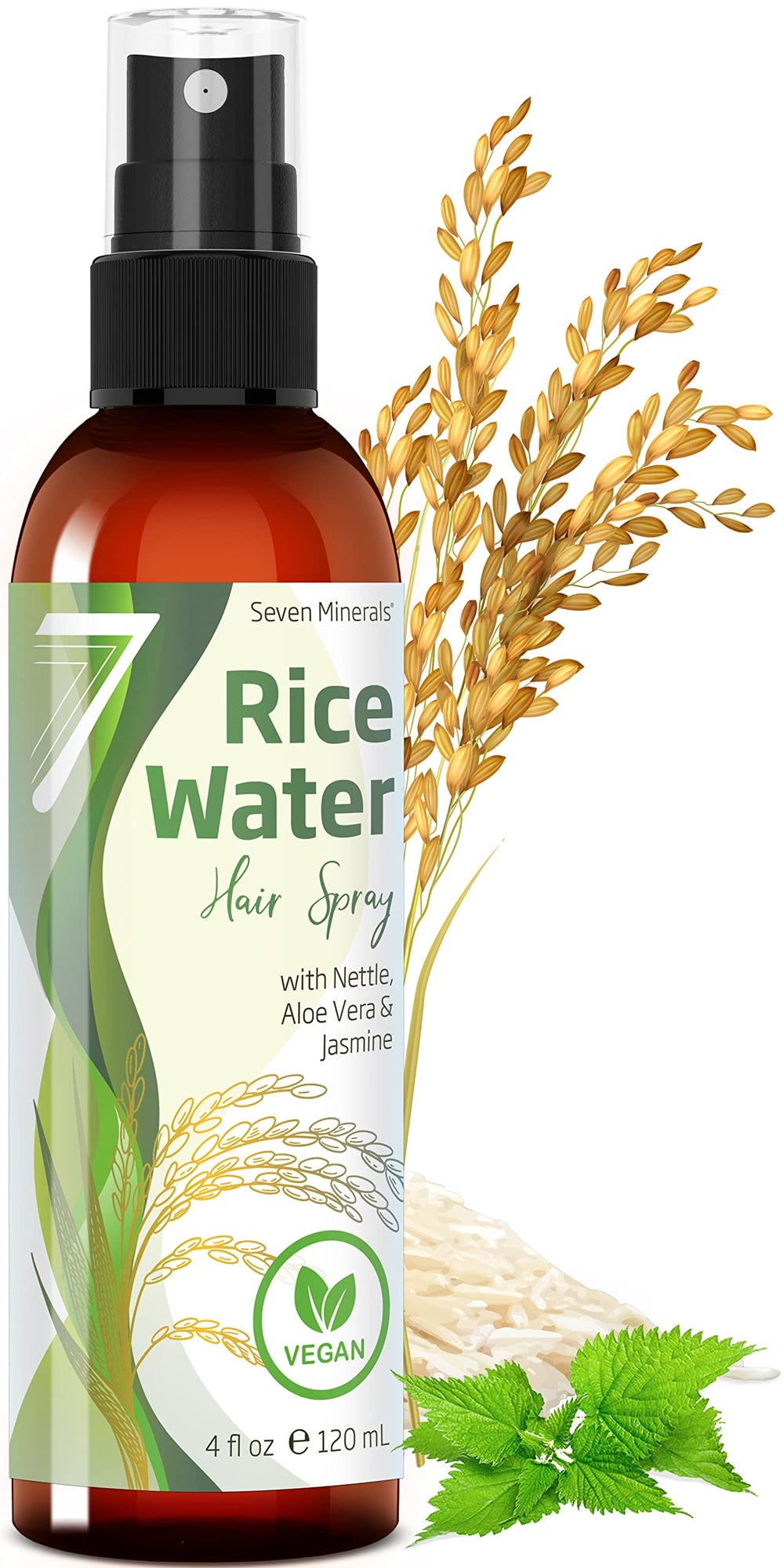 Seven Minerals fermented rice water spray bottle offering hair nourishment and growth support.