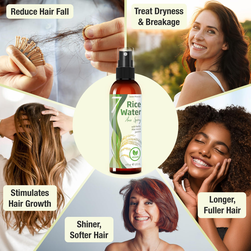 User applying Seven Minerals spray for hair growth on scalp and lengths.