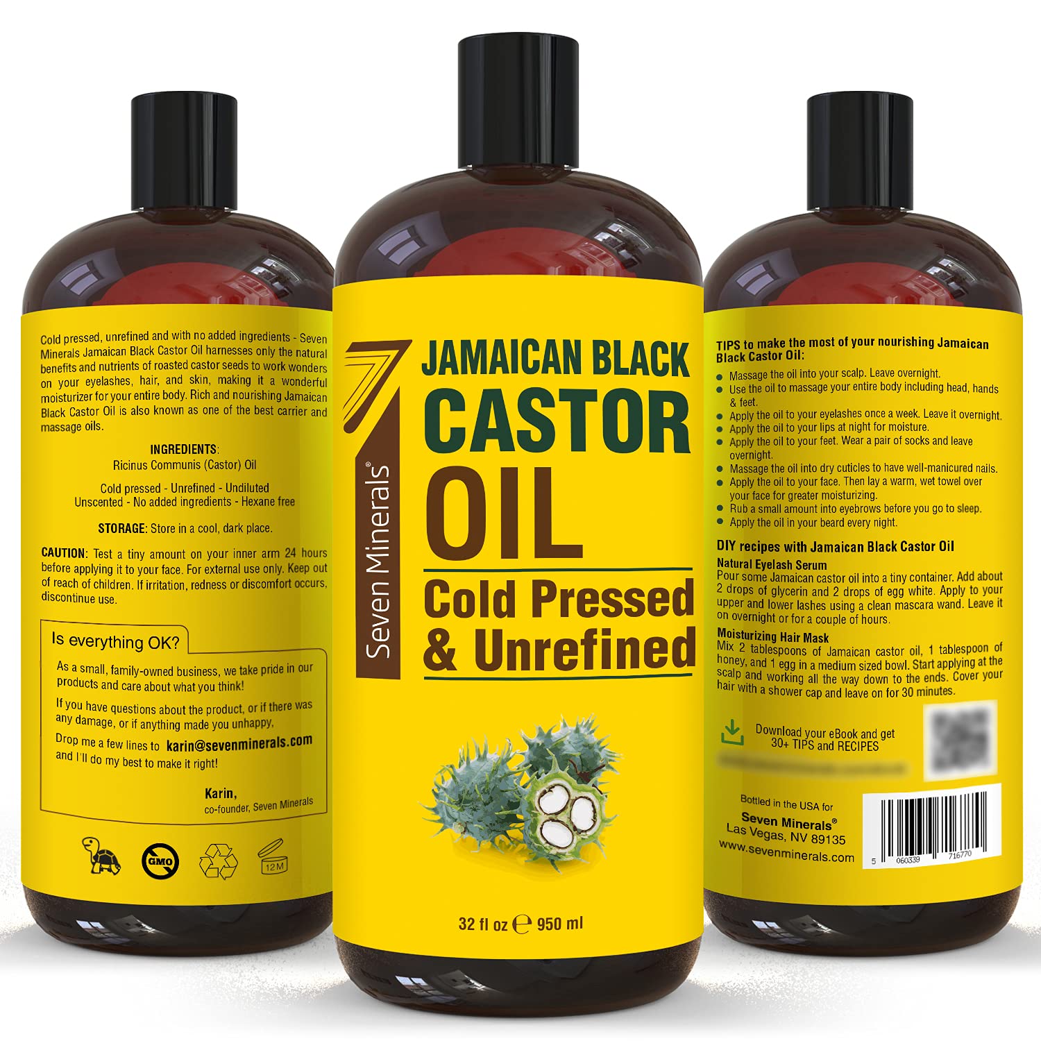Seven Minerals castor oil for eyelash and eyebrow care with natural shine.