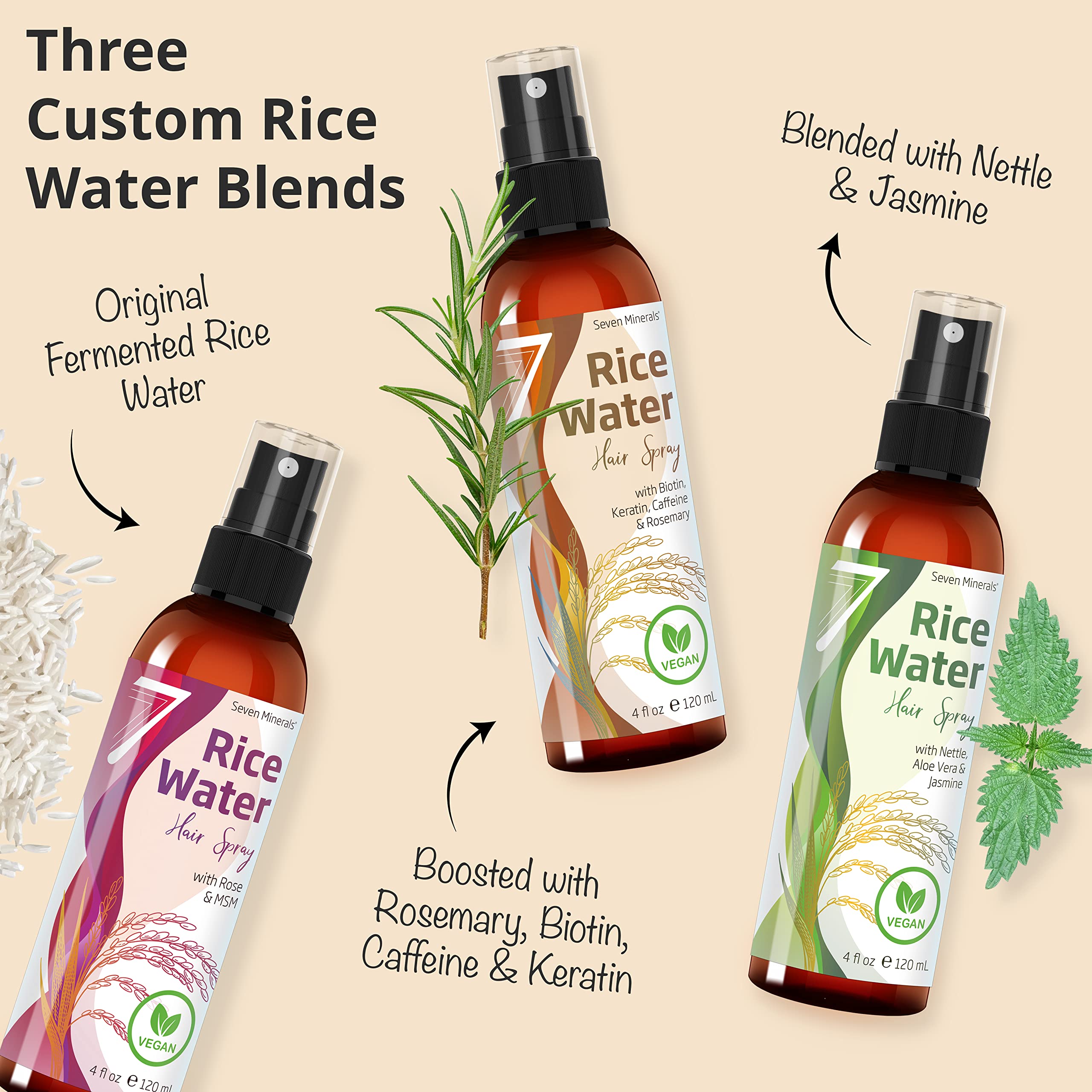 Seven Minerals label close-up underscores fermentation and natural hair care benefits.
