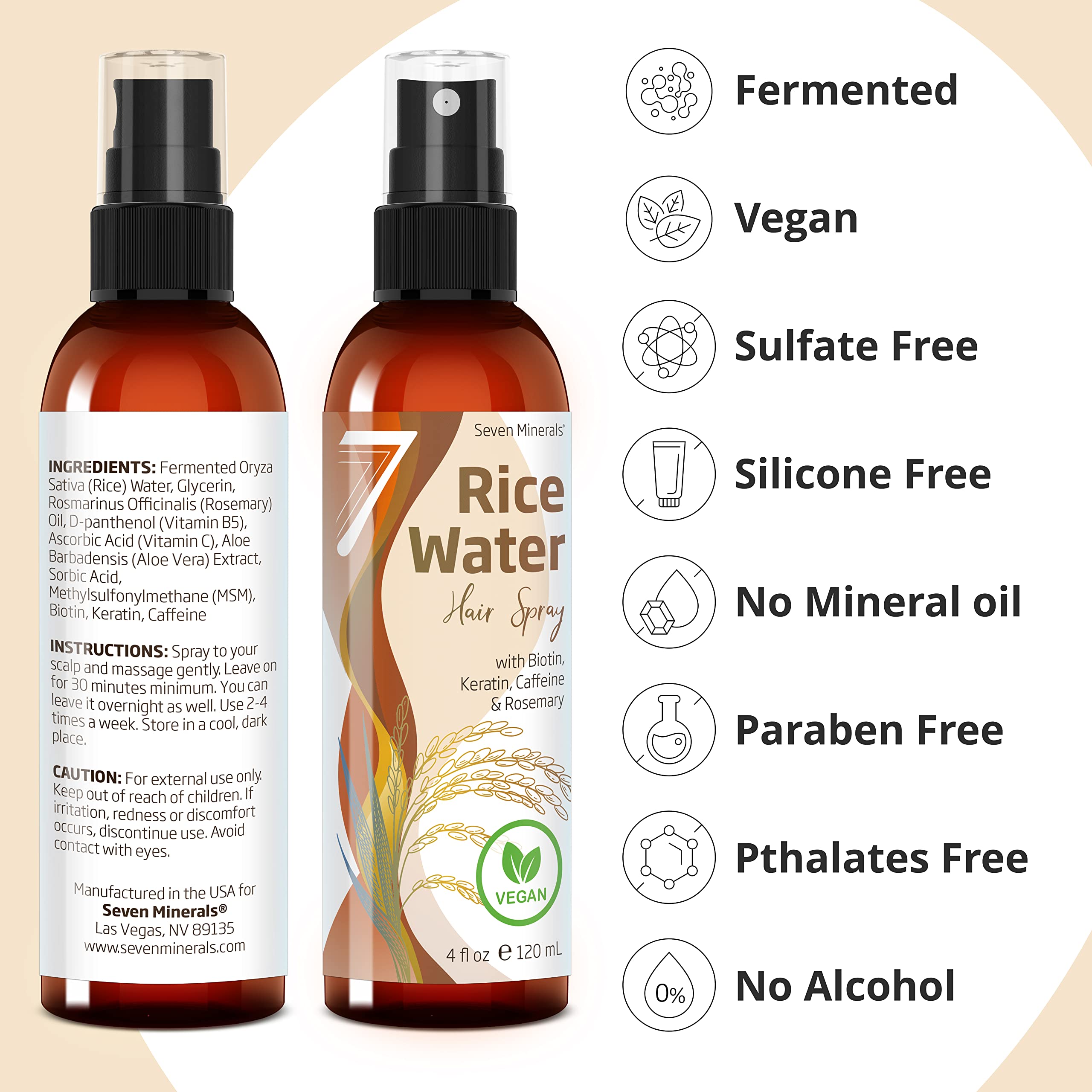 Seven Minerals bottle close-up emphasizes non-greasy finish ideal for most hair types.