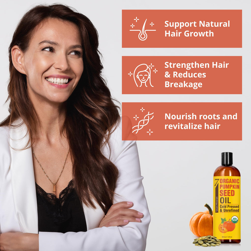 Seven Minerals pumpkin seed oil bottle showing light, non-greasy absorption.