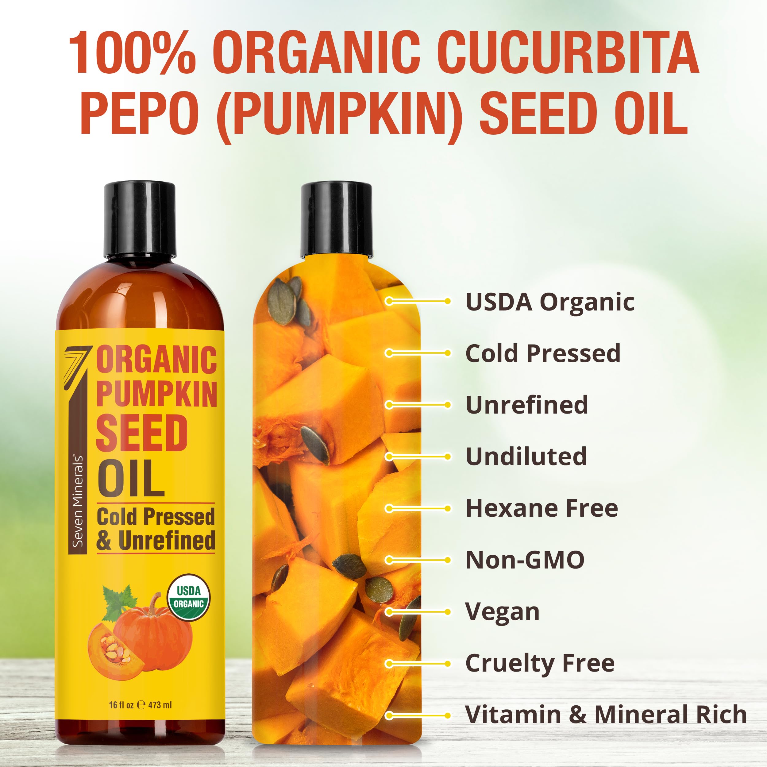 Seven Minerals pumpkin seed oil for hair application on scalp, adding moisture.