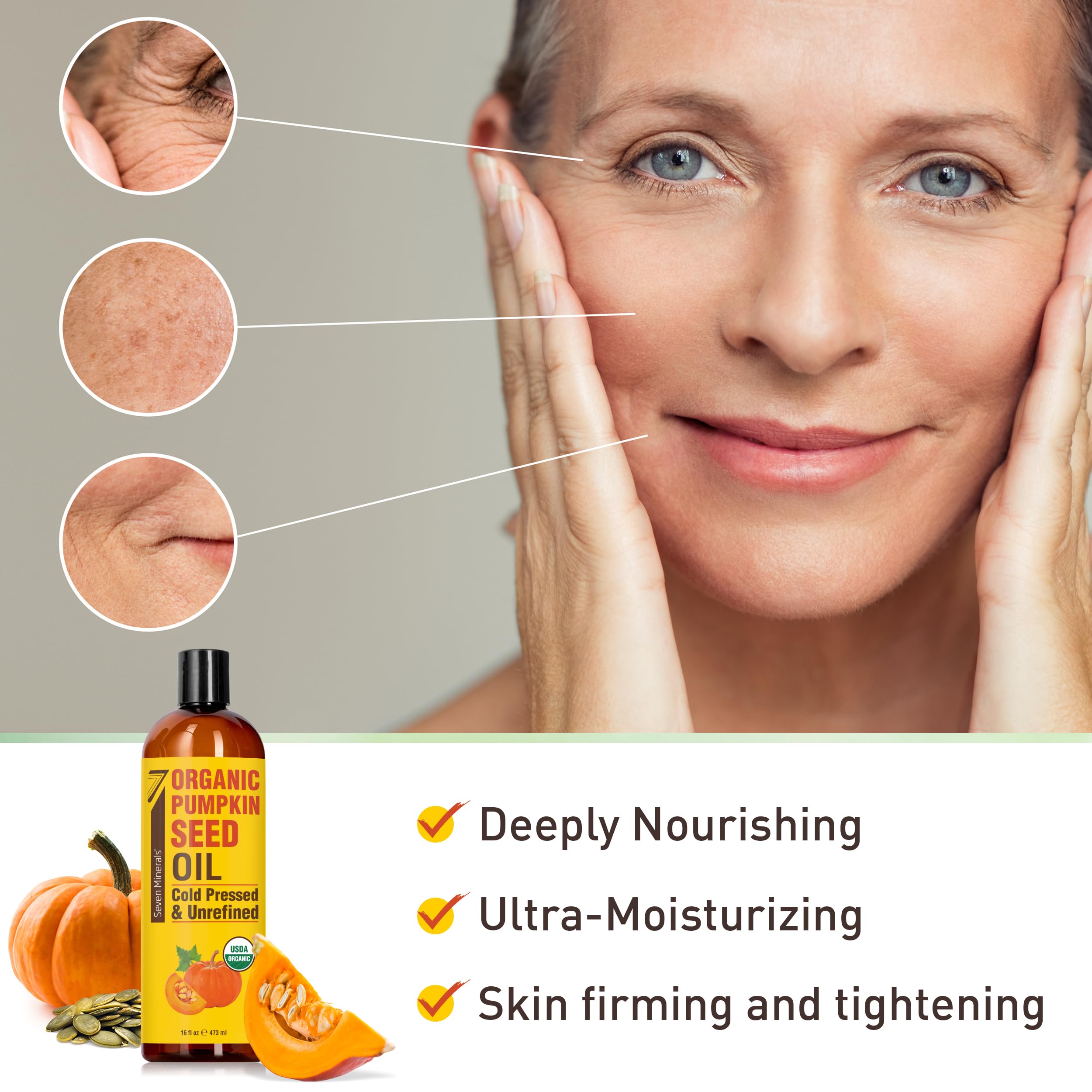 Seven Minerals pumpkin seed oil on skin for softness and radiant glow.