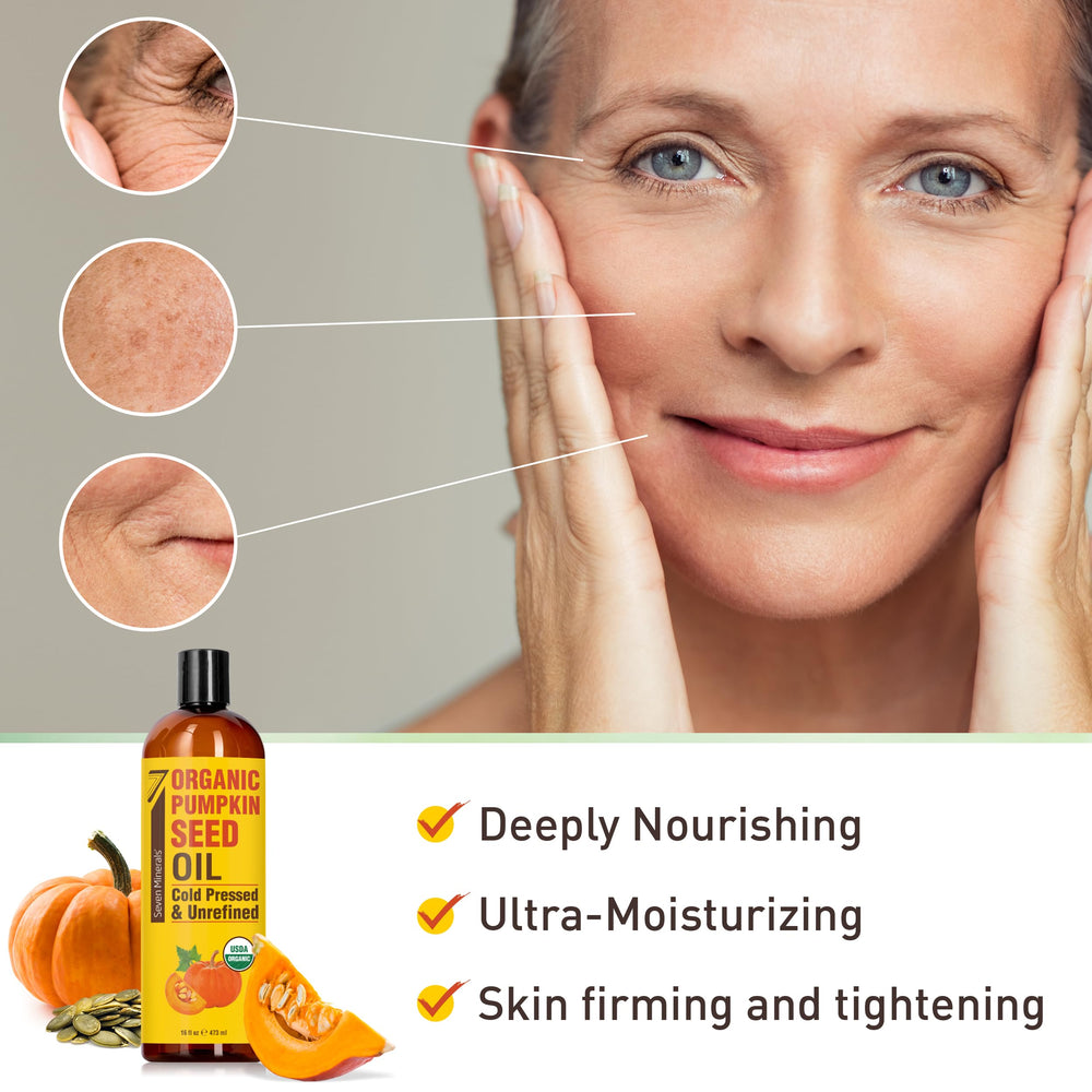 Seven Minerals pumpkin seed oil on skin for softness and radiant glow.