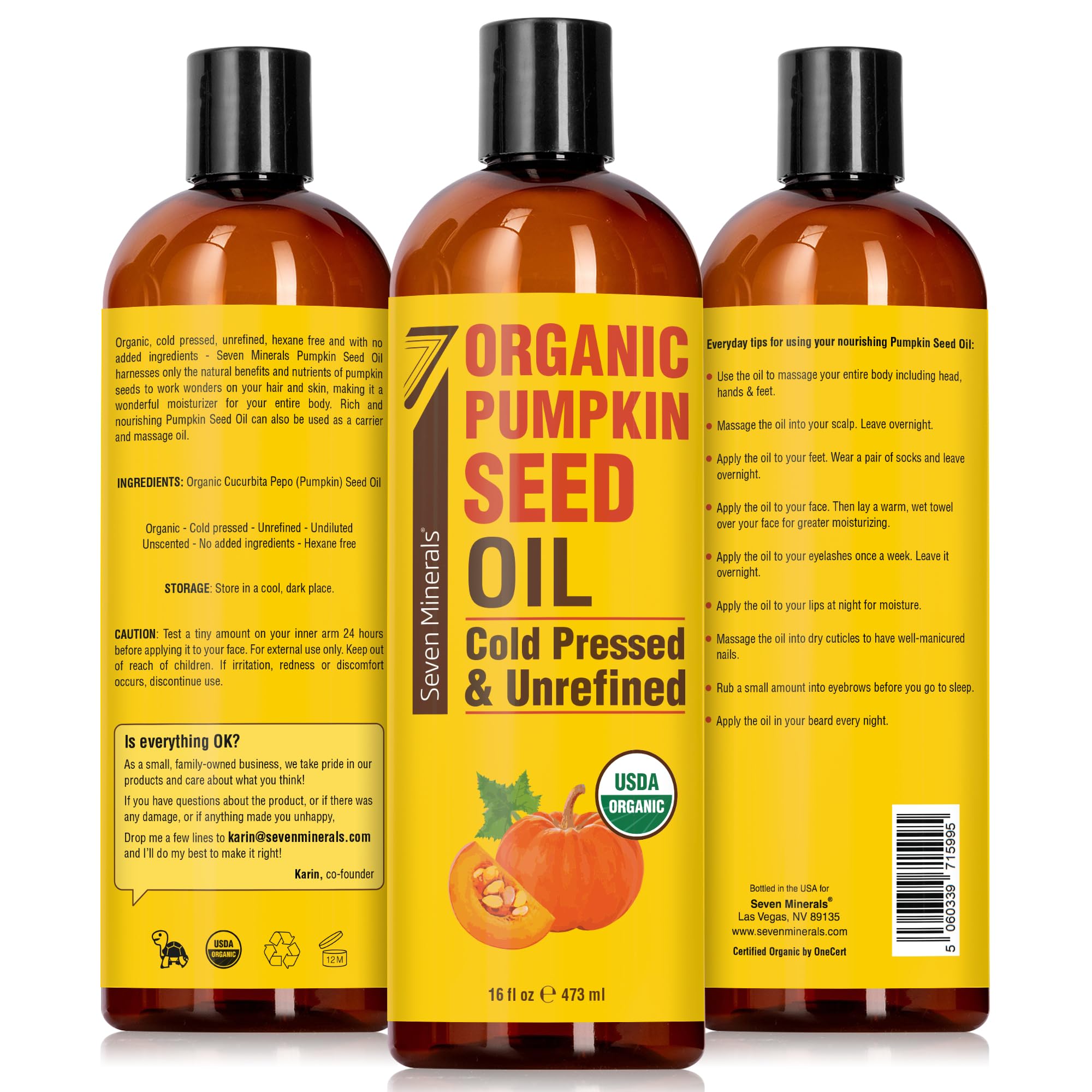 Seven Minerals USDA organic hexane-free label on pumpkin seed oil bottle.