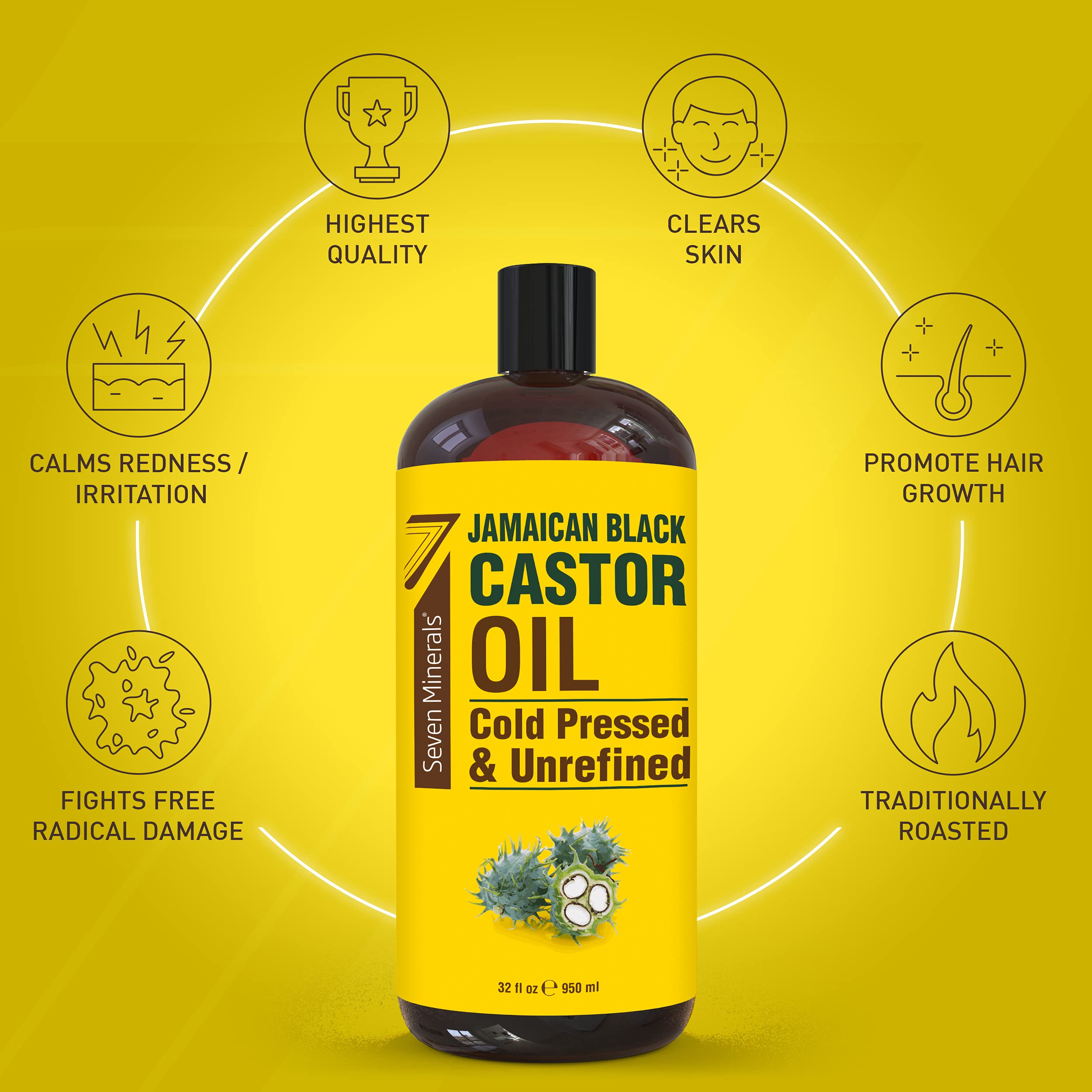 Seven Minerals castor oil 32oz bottle label close-up highlighting hexane-free purity.
