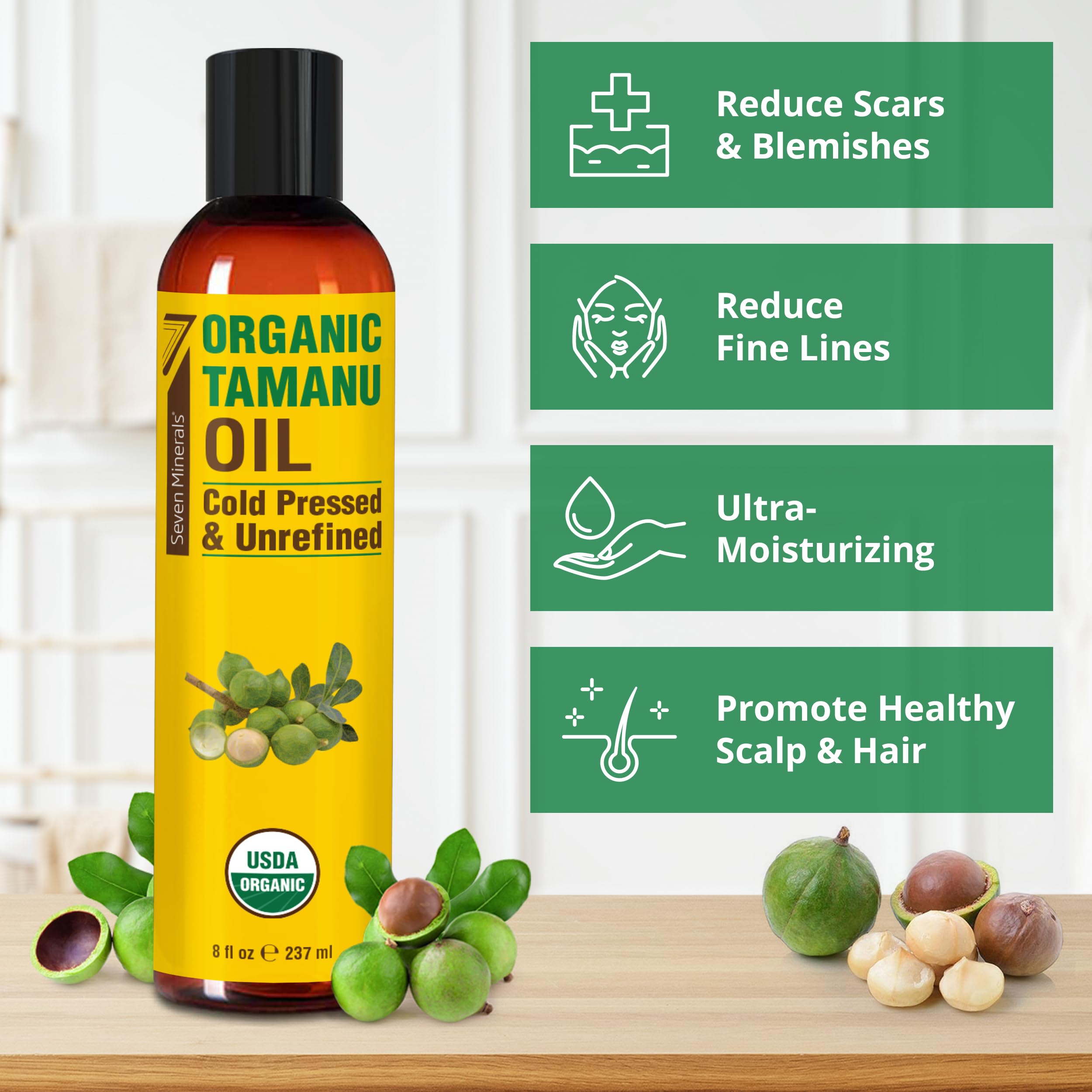 Seven Minerals Tamanu Oil hair-usage shows deep conditioning and shine.