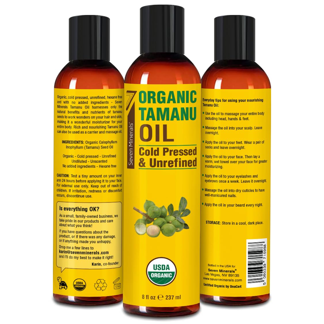 Seven Minerals Tamanu Oil packaging highlights hexane-free, cold-pressed purity.