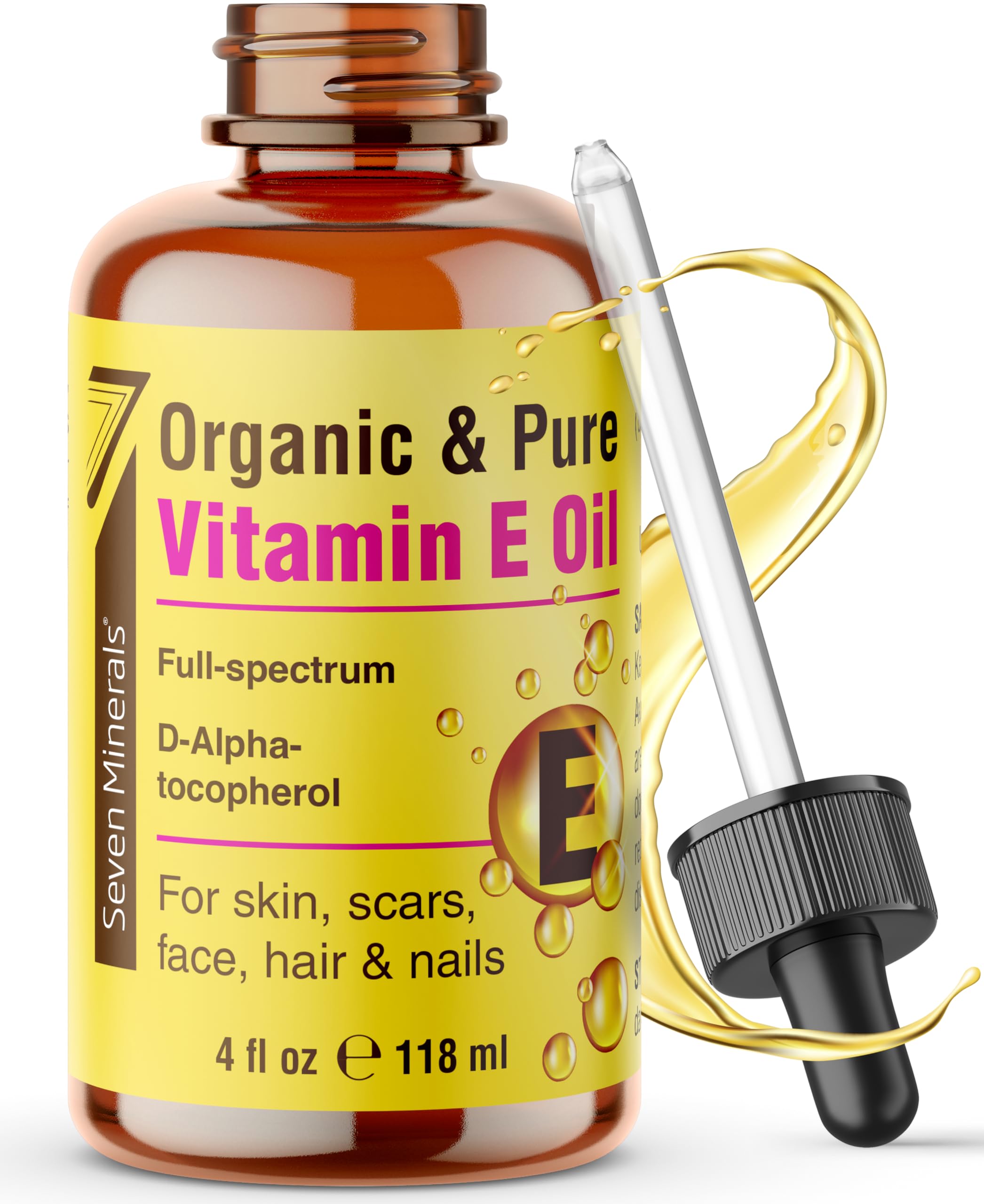 Seven Minerals Ultra Pure Vitamin E Oil bottle—pure organic formula for deep skin hydration