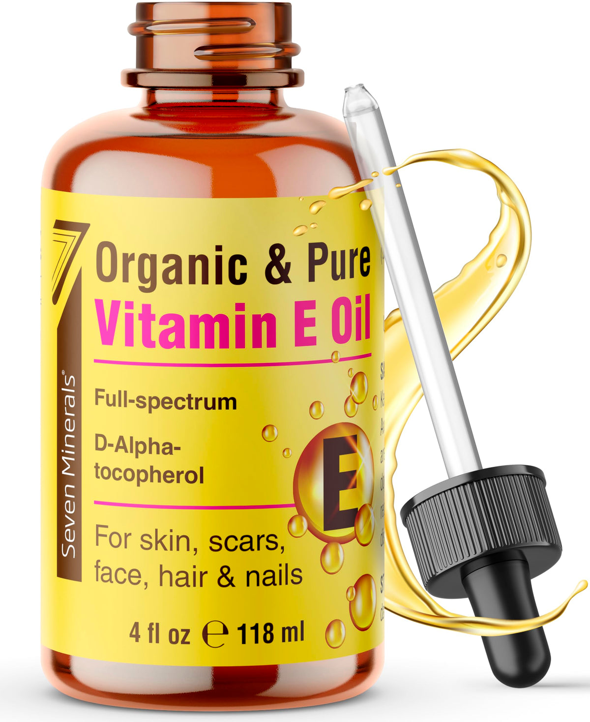 Seven Minerals Ultra Pure Vitamin E Oil bottle—pure organic formula for deep skin hydration
