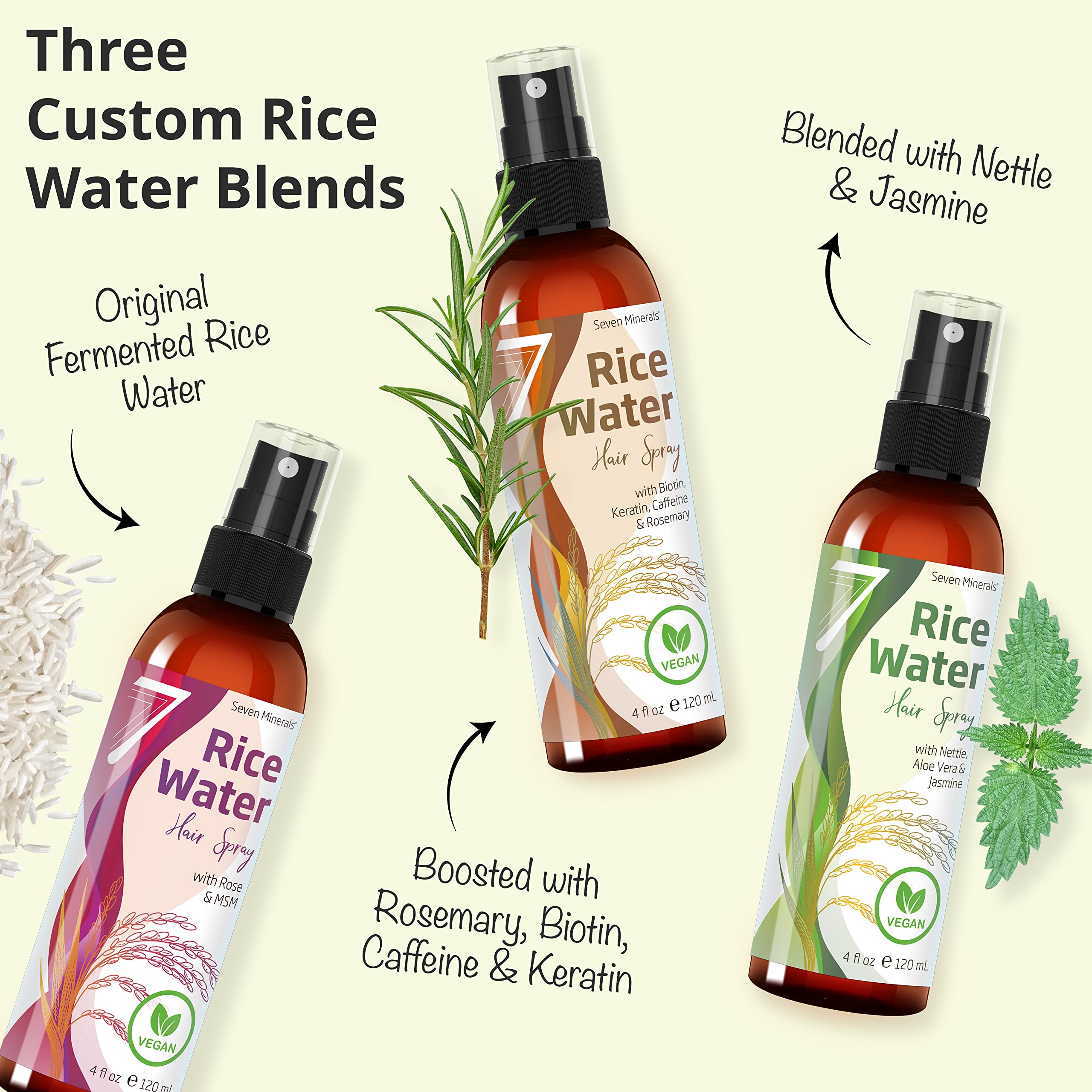 Seven Minerals vegan rice water spray 4 oz bottle shown on vanity for all genders.