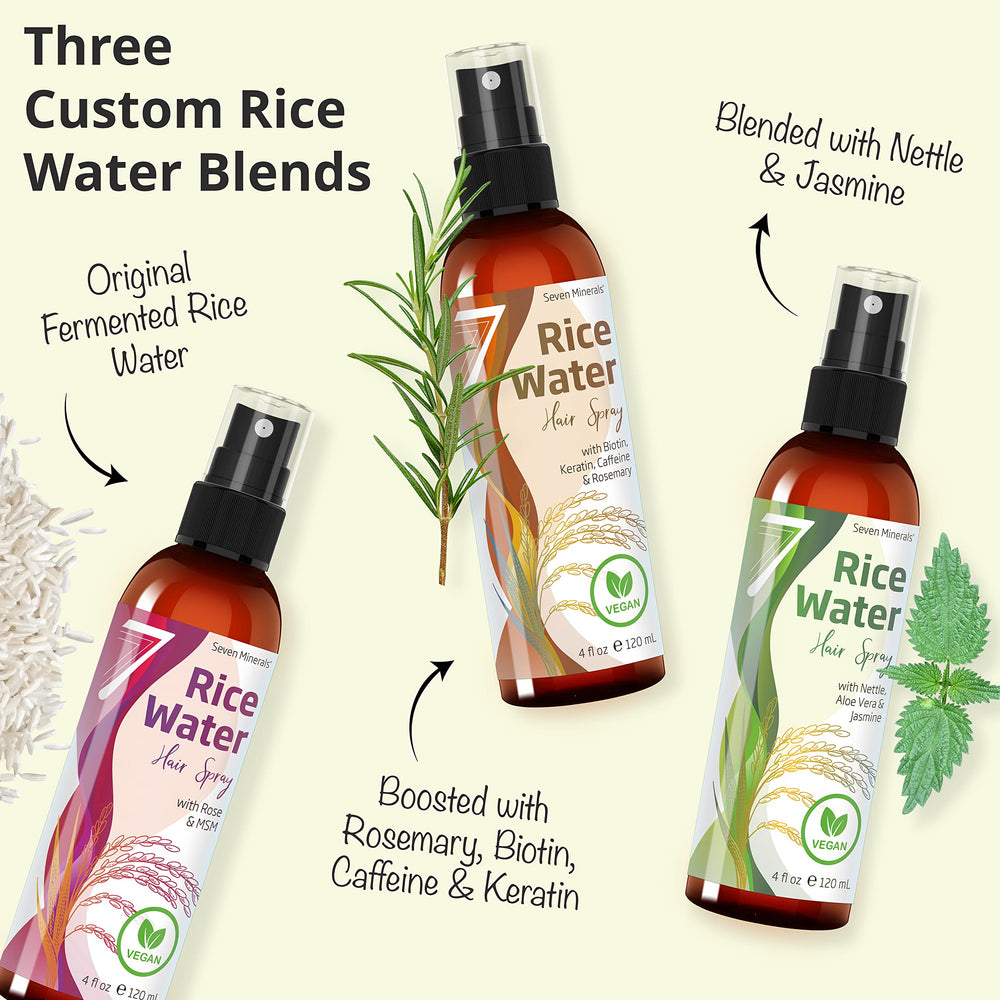 Seven Minerals vegan rice water spray 4 oz bottle shown on vanity for all genders.