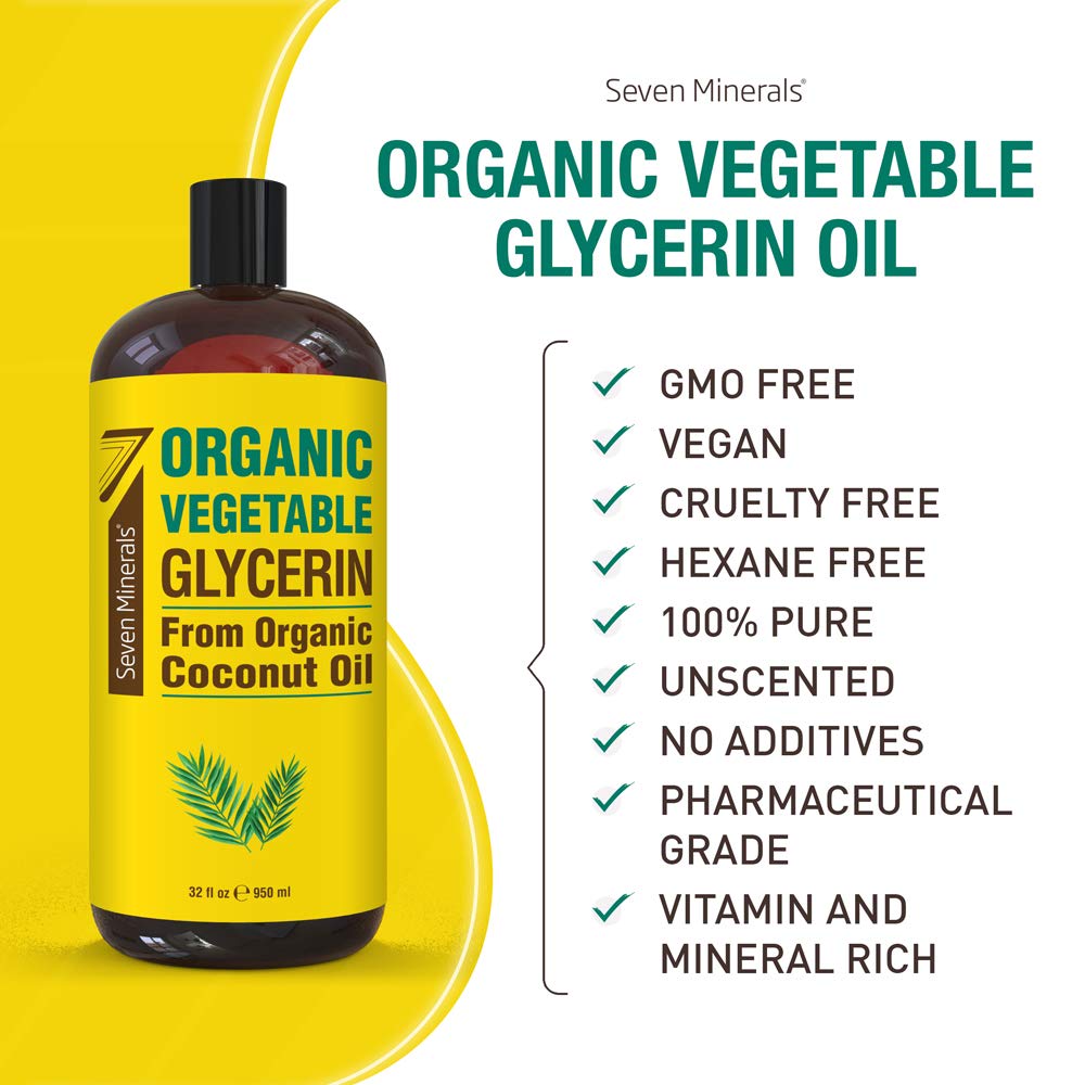 Seven Minerals Organic Vegetable Glycerin bottle-label close-up highlighting purity and palm-free formula.