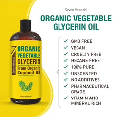 Seven Minerals Organic Vegetable Glycerin bottle-label close-up highlighting purity and palm-free formula.