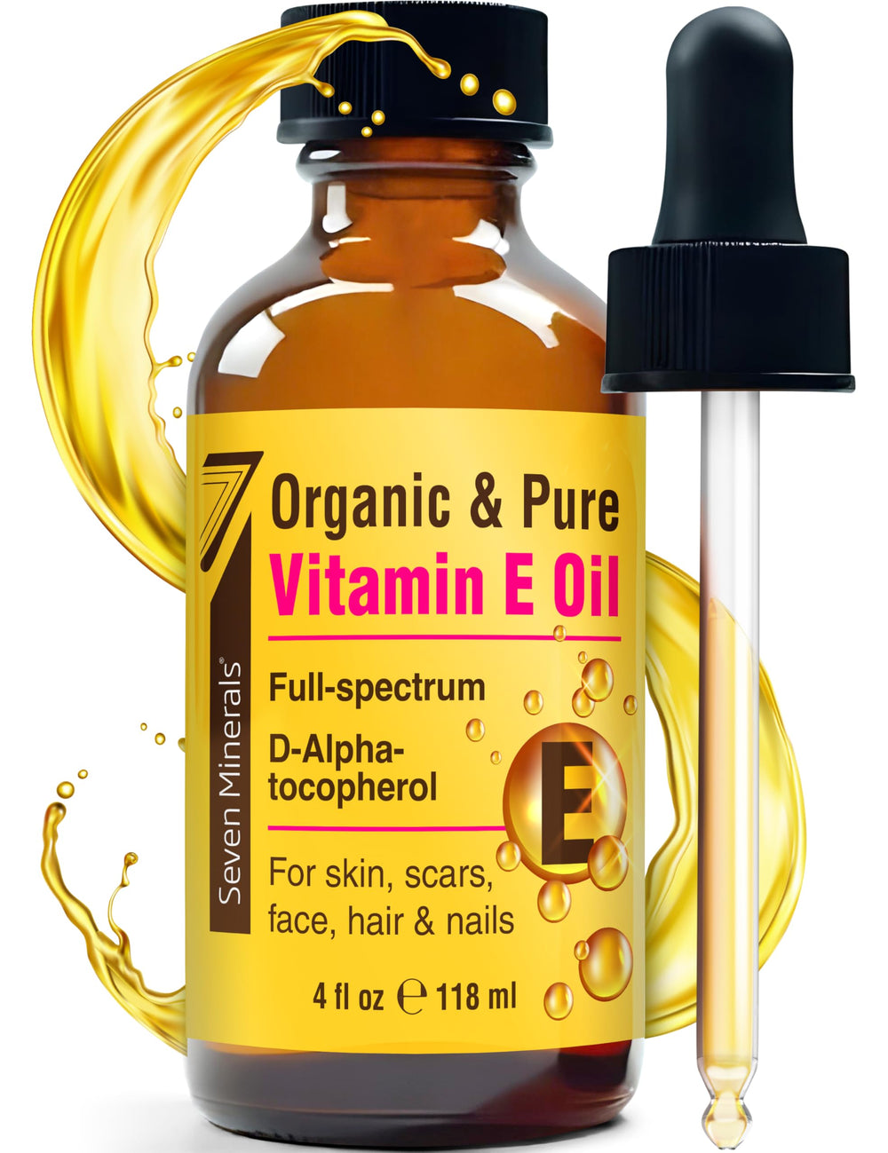 Ingredient label for Seven Minerals Vitamin E Oil highlights single-ingredient formula