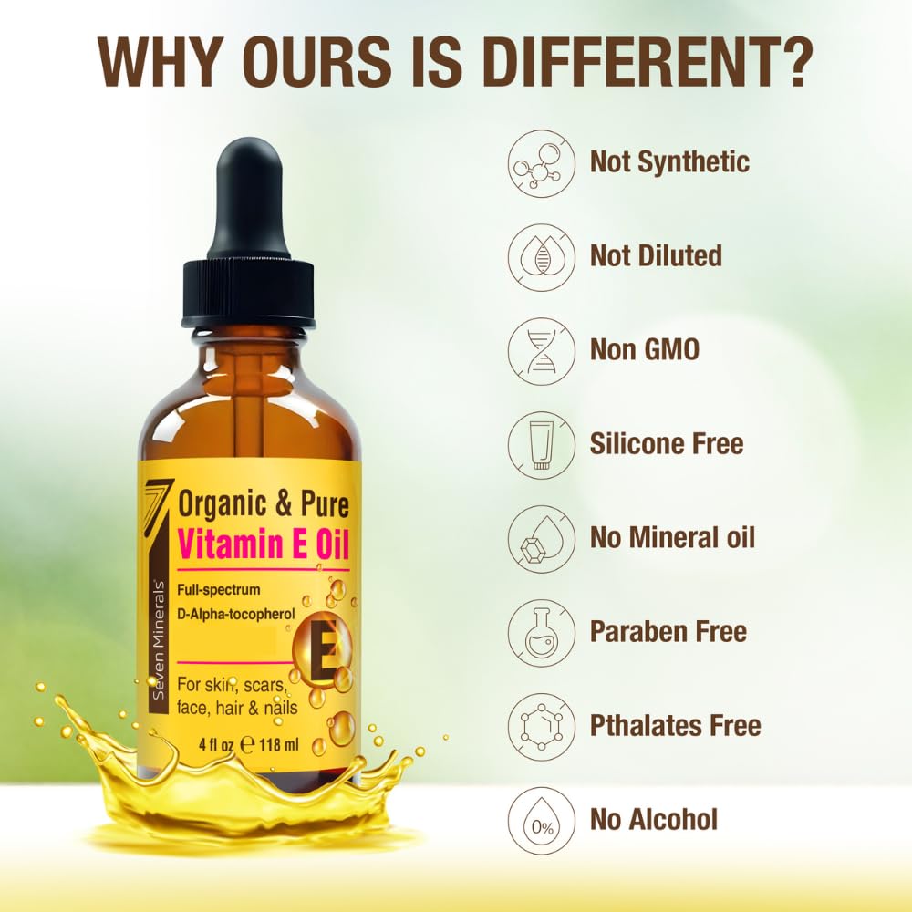 Packaging image of Seven Minerals Vitamin E Oil with clean, minimalist labeling