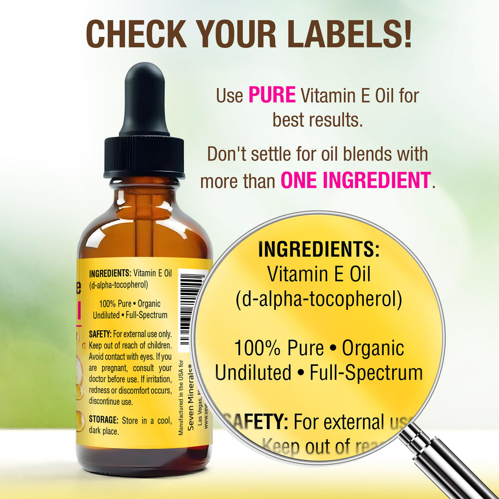 Texture close-up of Seven Minerals Vitamin E Oil showing light, silky consistency