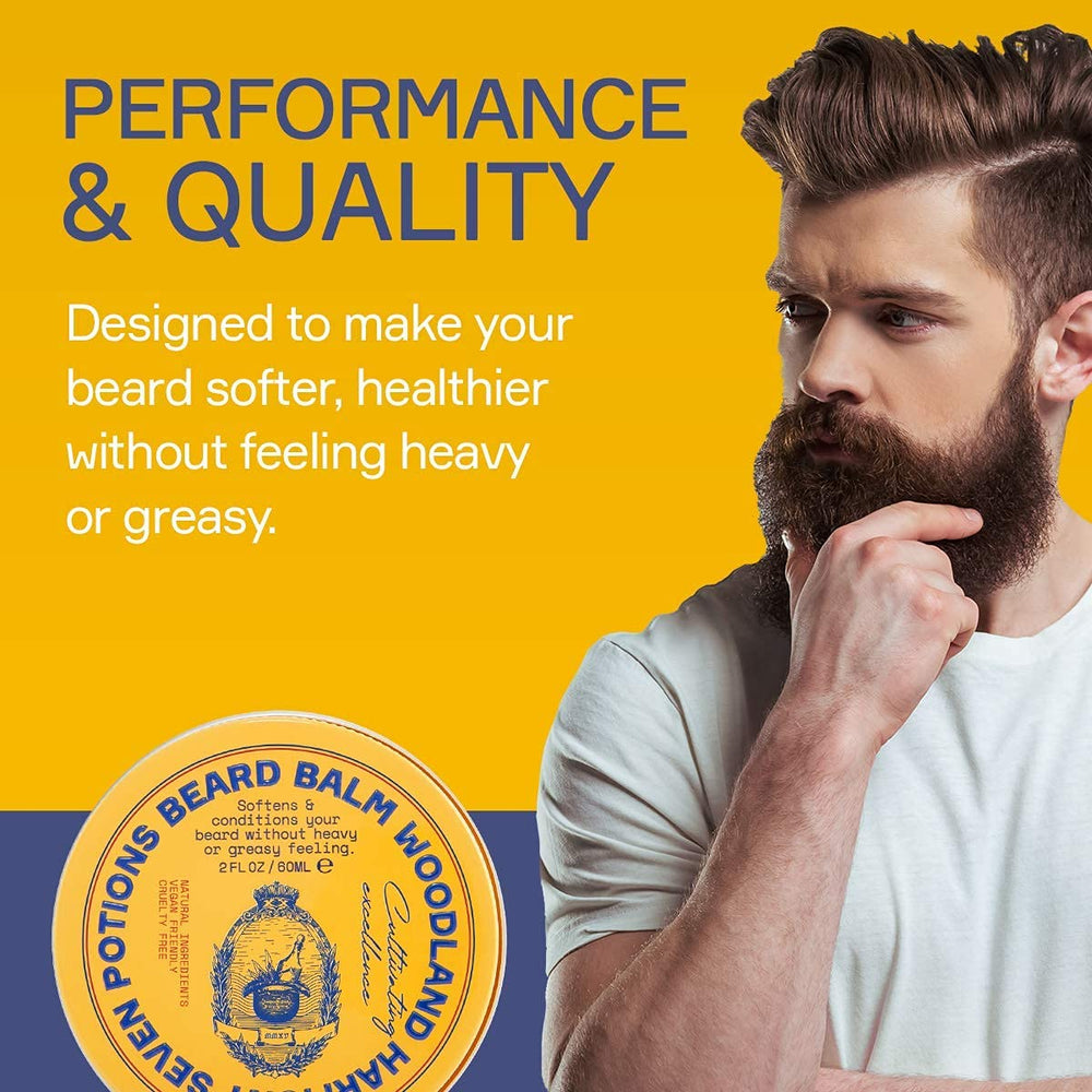 Seven Potions beard balm dandruff control hints at flake-free beard care.