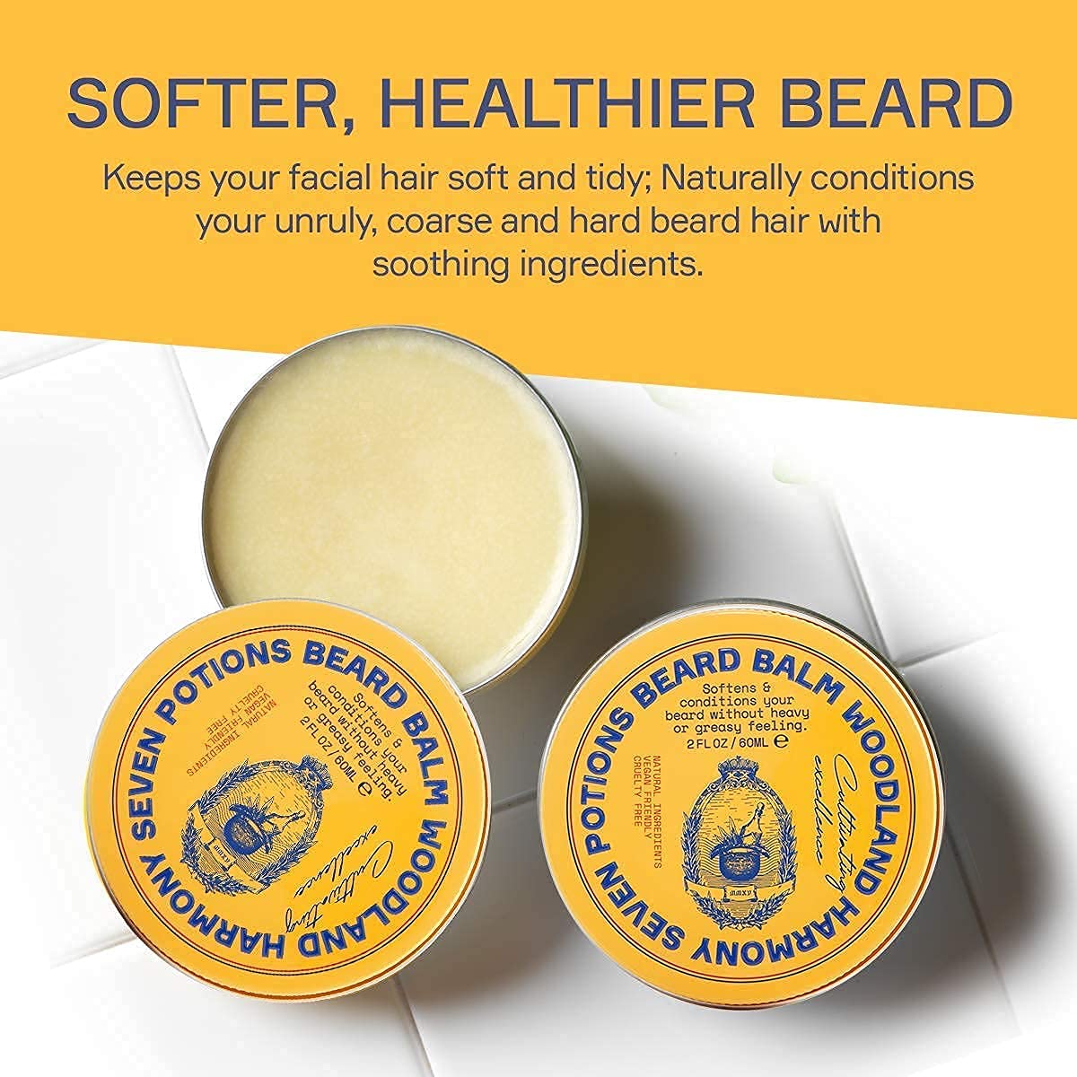 Seven Potions beard balm ingredients highlight jojoba oil for nourishing shine and smooth application.