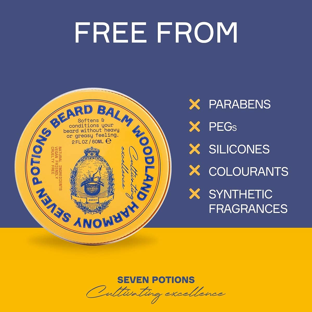 Seven Potions beard balm itch relief close-up suggests soothing comfort during daily grooming.