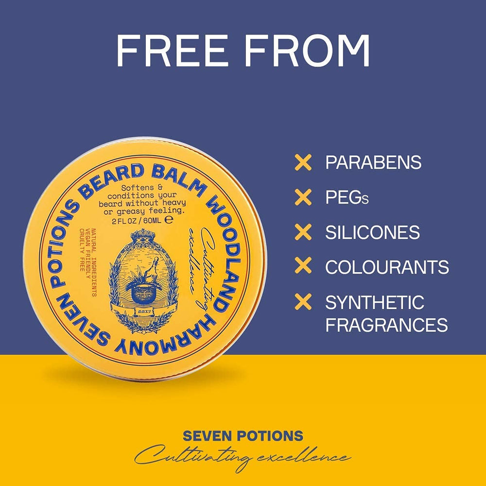 Seven Potions beard balm itch relief close-up suggests soothing comfort during daily grooming.