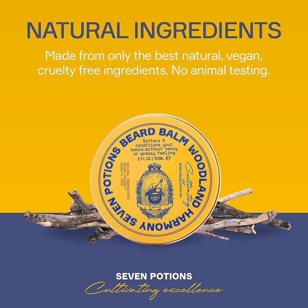 Seven Potions beard balm softening application focuses on tame, manageable beard fibers.