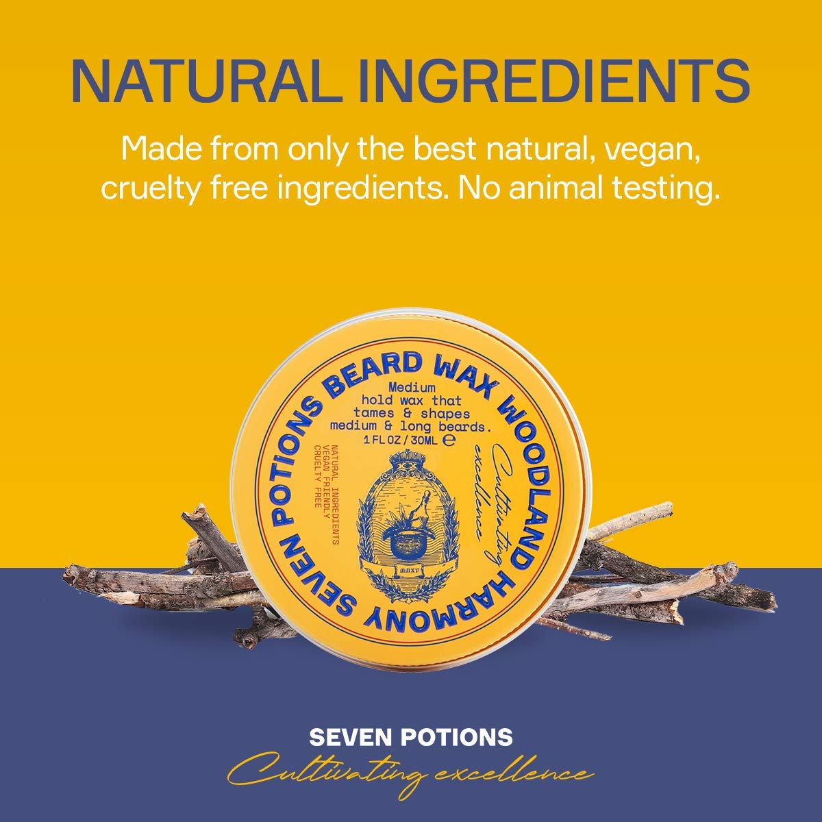 Seven Potions cruelty-free badge with beard wax tin beside.