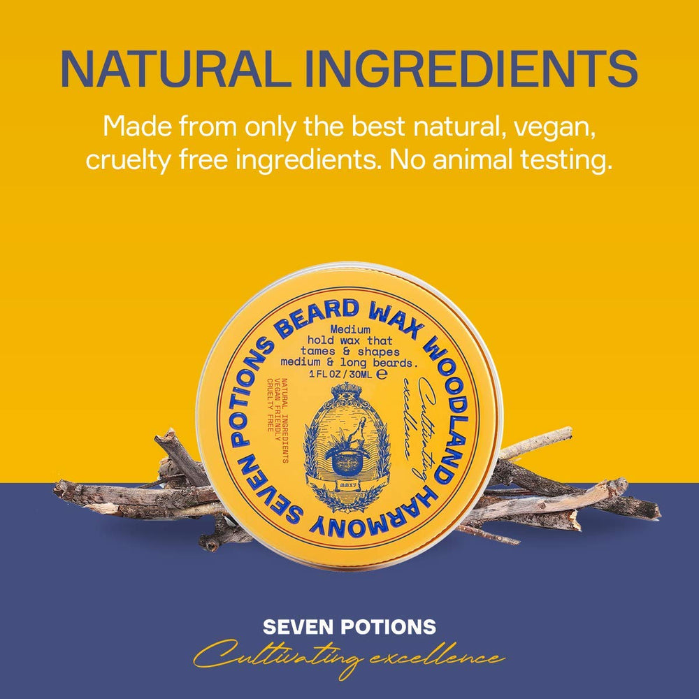Seven Potions cruelty-free badge with beard wax tin beside.