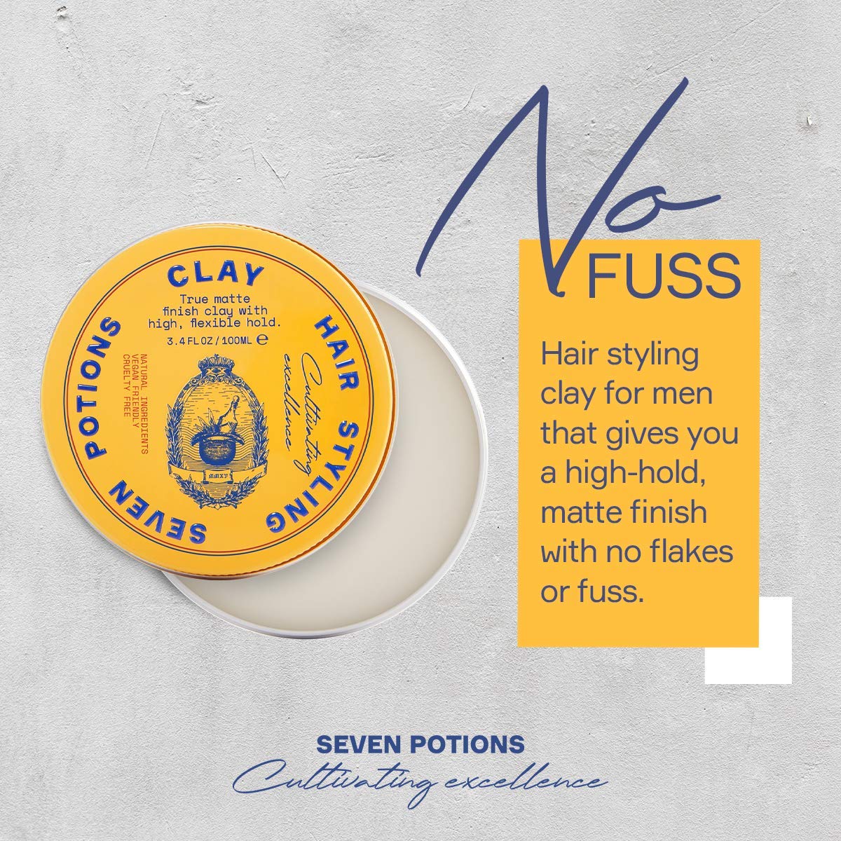 Seven Potions hair clay on damp hair application shows versatile use on wet or dry hair.