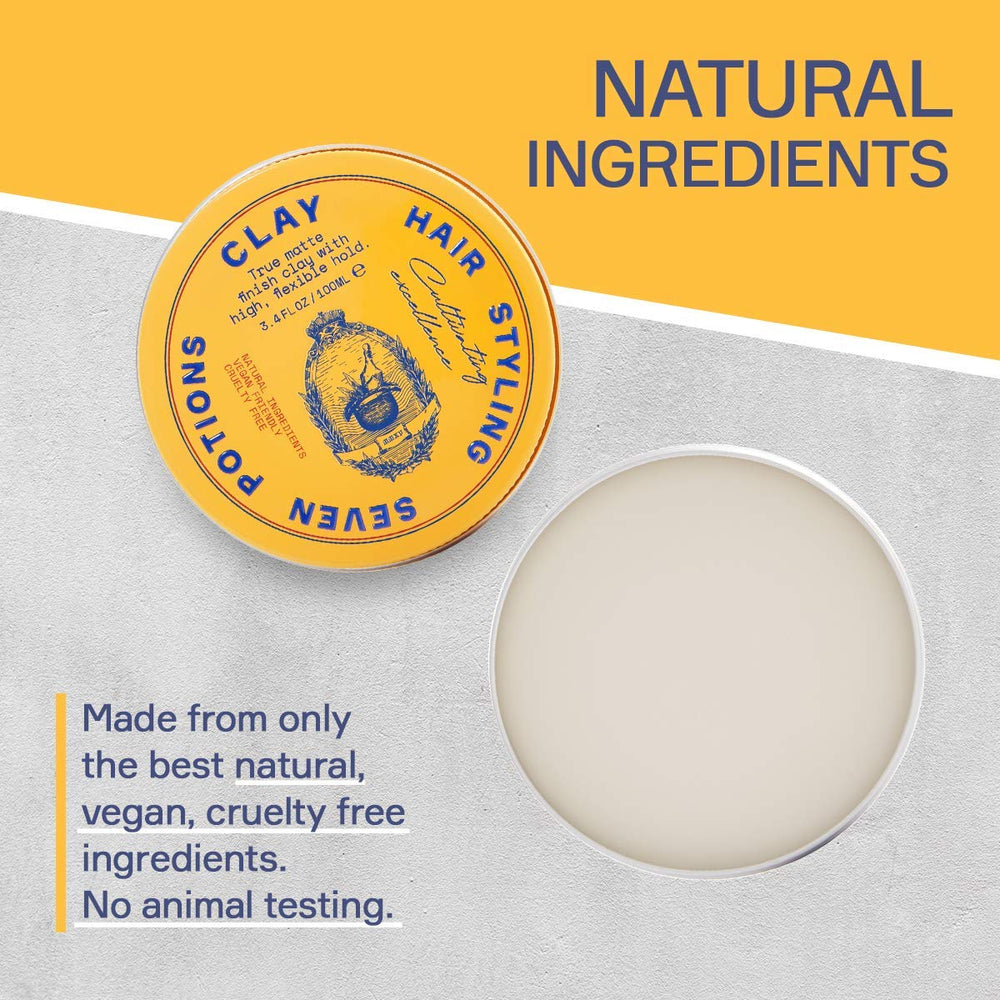 Seven Potions hair clay in hands during restyling demonstrates flexible hold for effortless shaping.