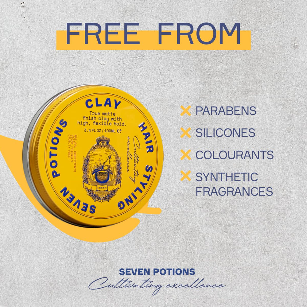 Seven Potions hair clay matte finish closeup emphasizes natural look with low shine.
