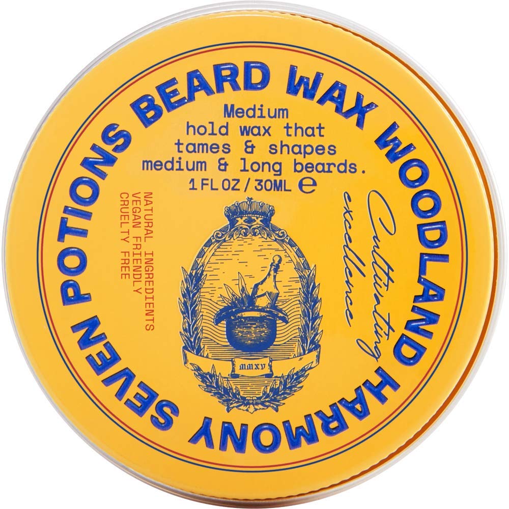 Seven Potions Natural Beard Wax Woodland Harmony tin ready for grooming.